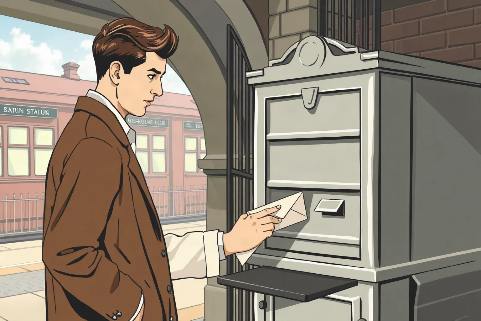 A young man mailing an envelope at an old European train station postbox, 1940s style illustration