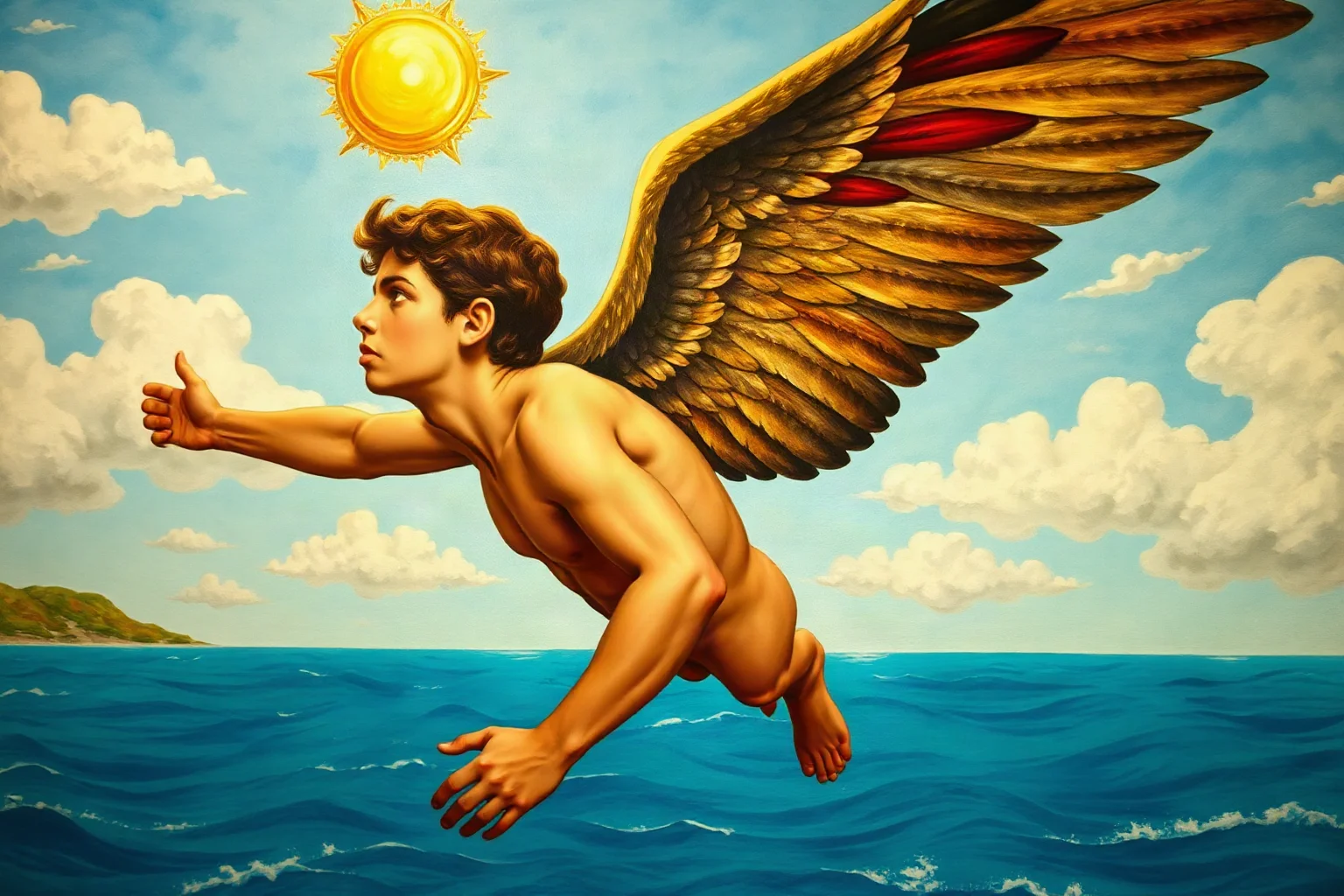 A young man with feathered wax wings flying too close to a golden sun above a blue sea, in a classical Greek fresco style