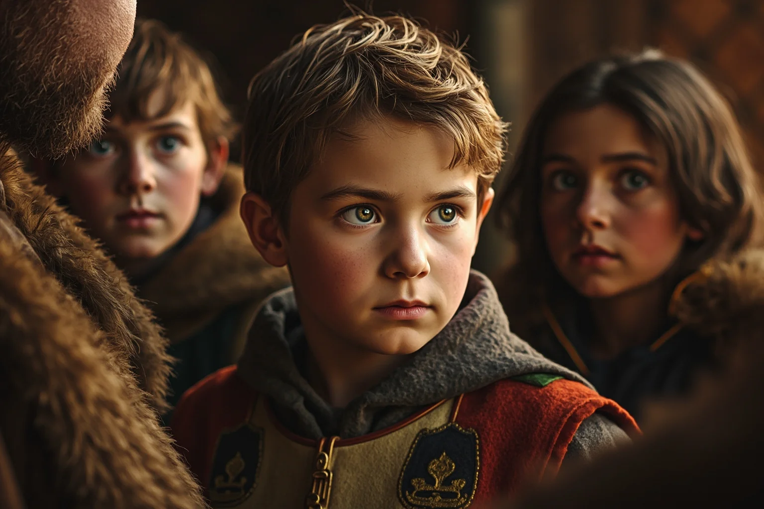 A young medieval English prince looking overlooked amid older siblings in a castle great hall, illustrative painting style