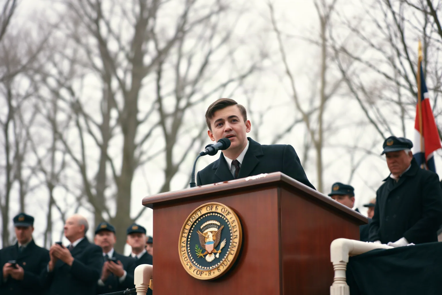 A young mid-20th-century president delivering an address from an outdoor inaugural platform in winter