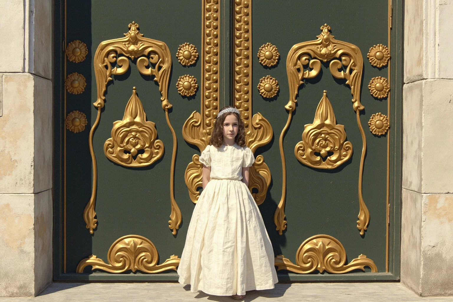 Great Leaders Who Rose From Obscurity 10 A young minor European princess in a simple gown standing before an opulent Russian palace gate, illustration style
