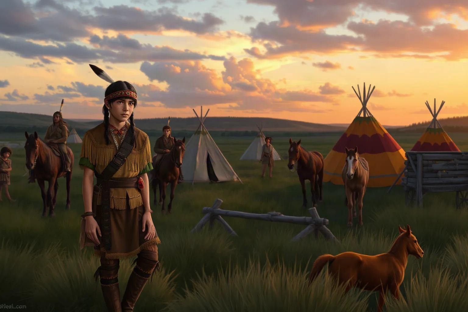 A young Native American warrior leader standing near a Plains encampment at dusk, historical illustration style