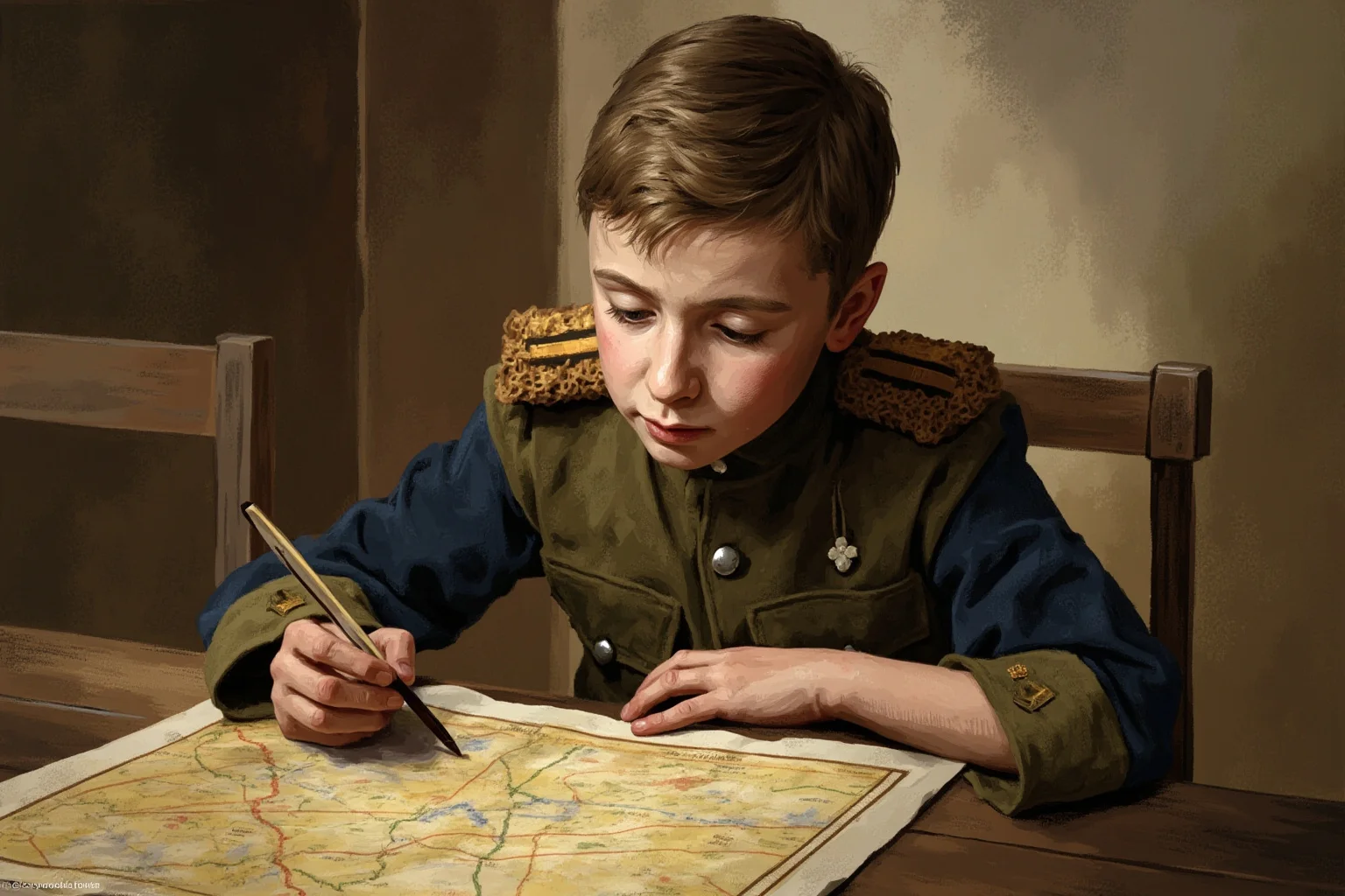 Great Leaders Who Rose From Obscurity 18 A young Ottoman-era military cadet in uniform studying maps in a modest classroom, illustration style