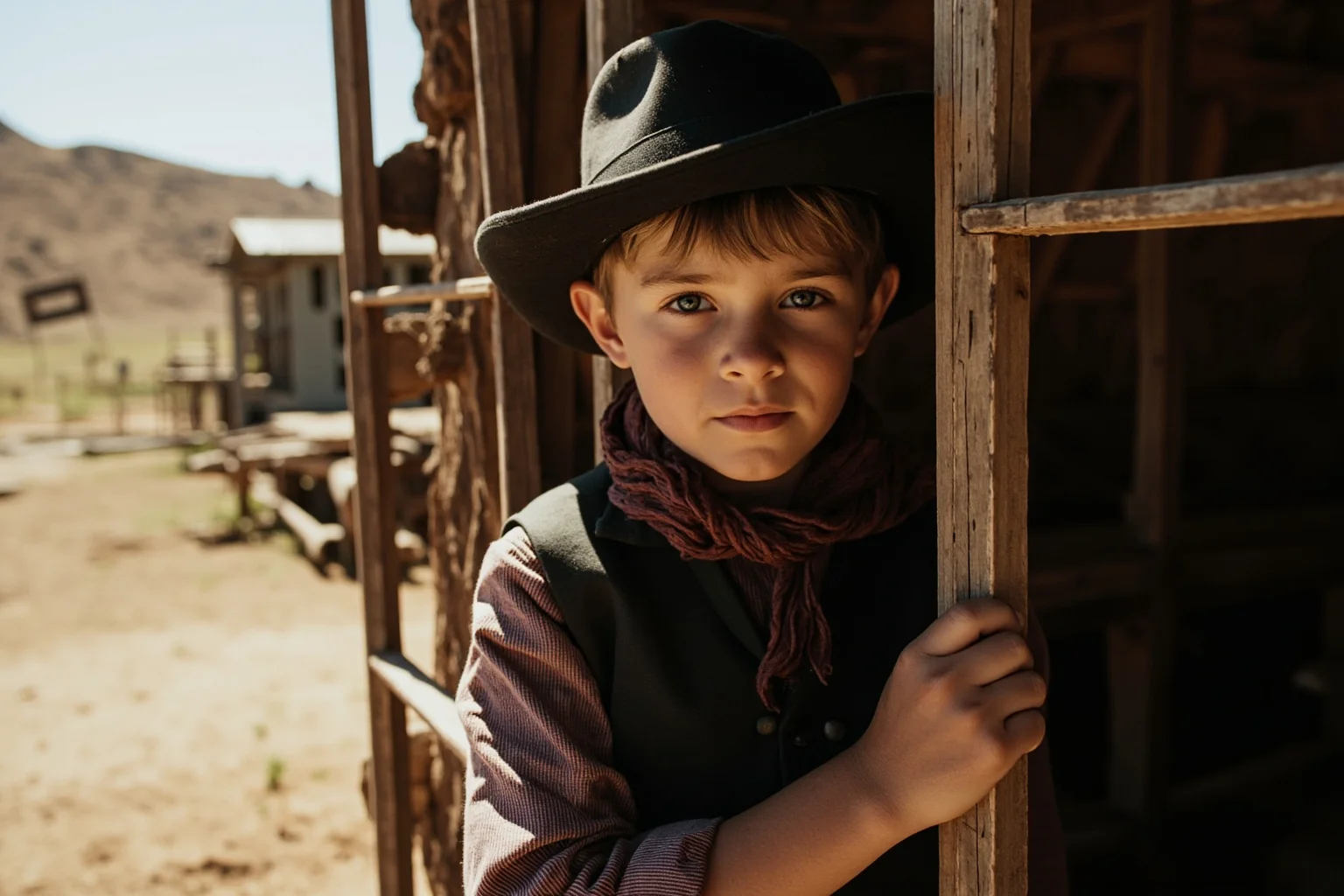 A young outlaw in Old West attire standing outside a frontier jailhouse