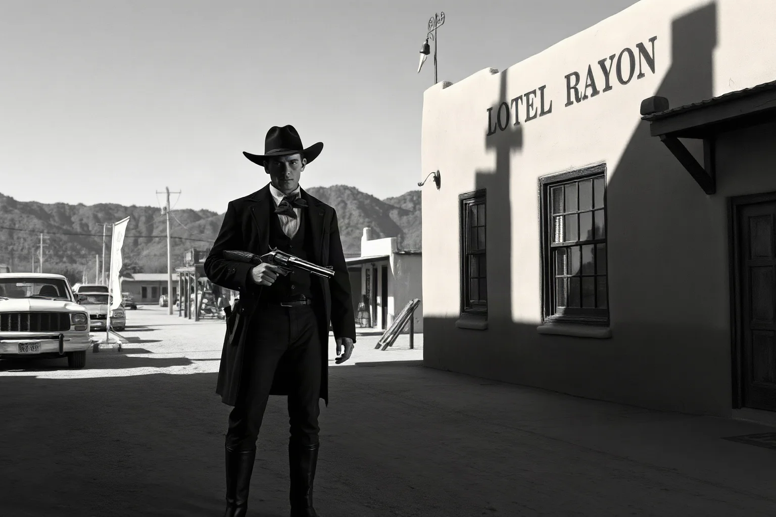 A young outlaw with a revolver standing in the shadows of a New Mexico adobe town