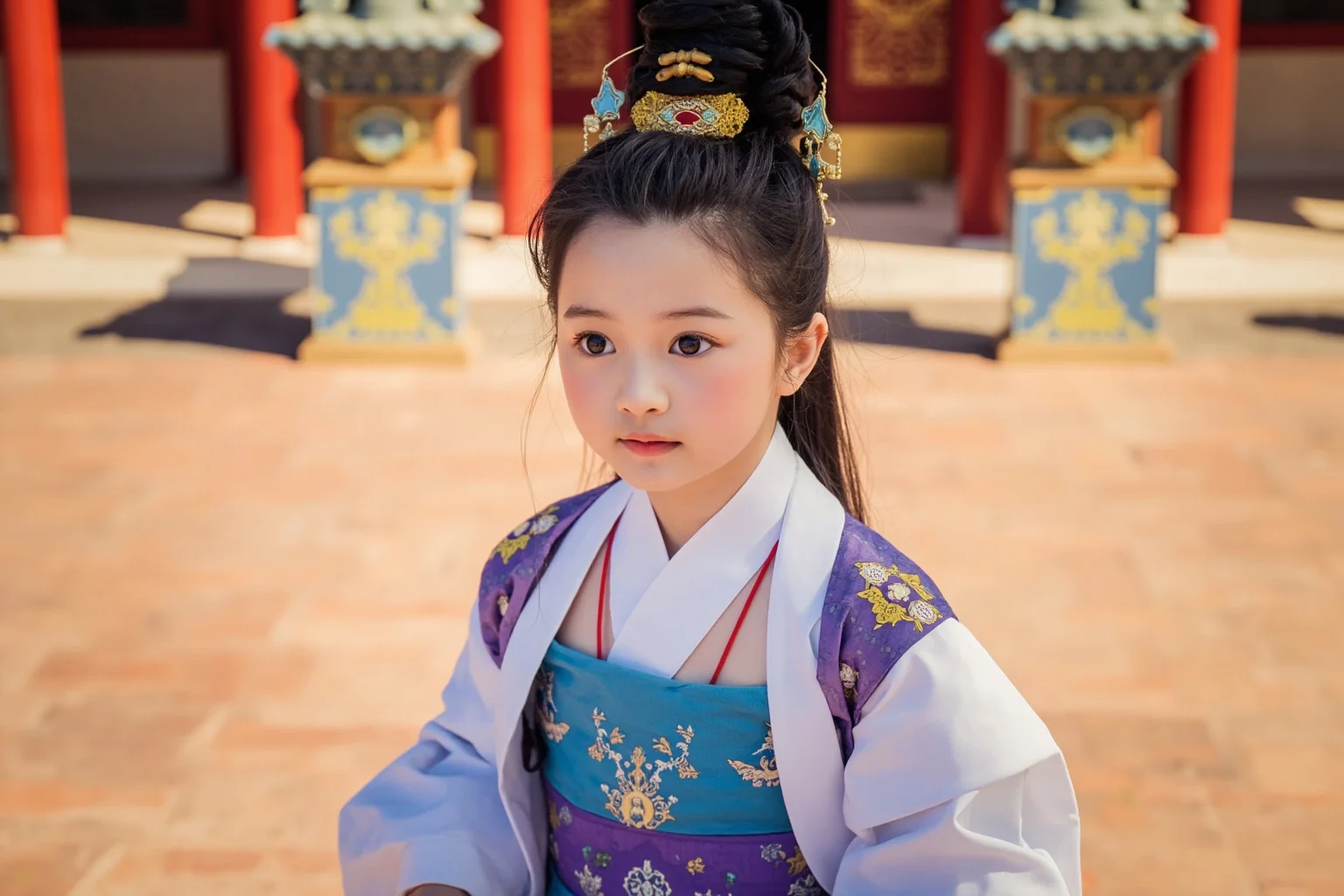 Great Leaders Who Rose From Obscurity 6 A young palace attendant in elaborate Tang dynasty robes standing in an ornate imperial courtyard, illustration style