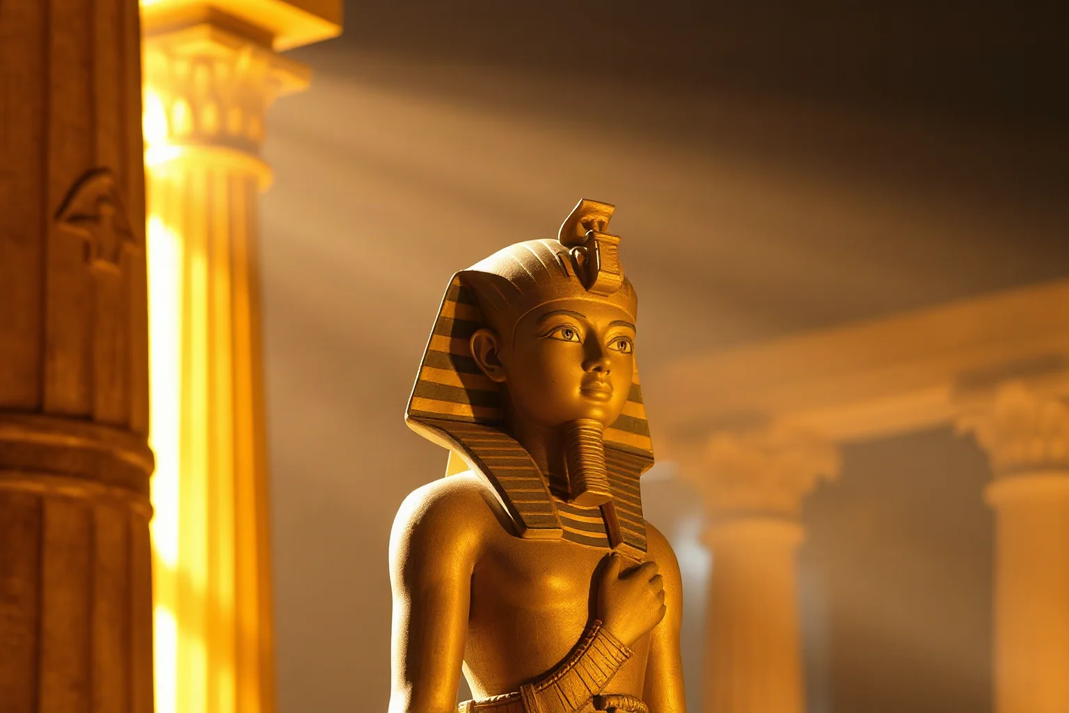 A young pharaoh statue standing solemnly in golden temple light, symbolic closing illustration