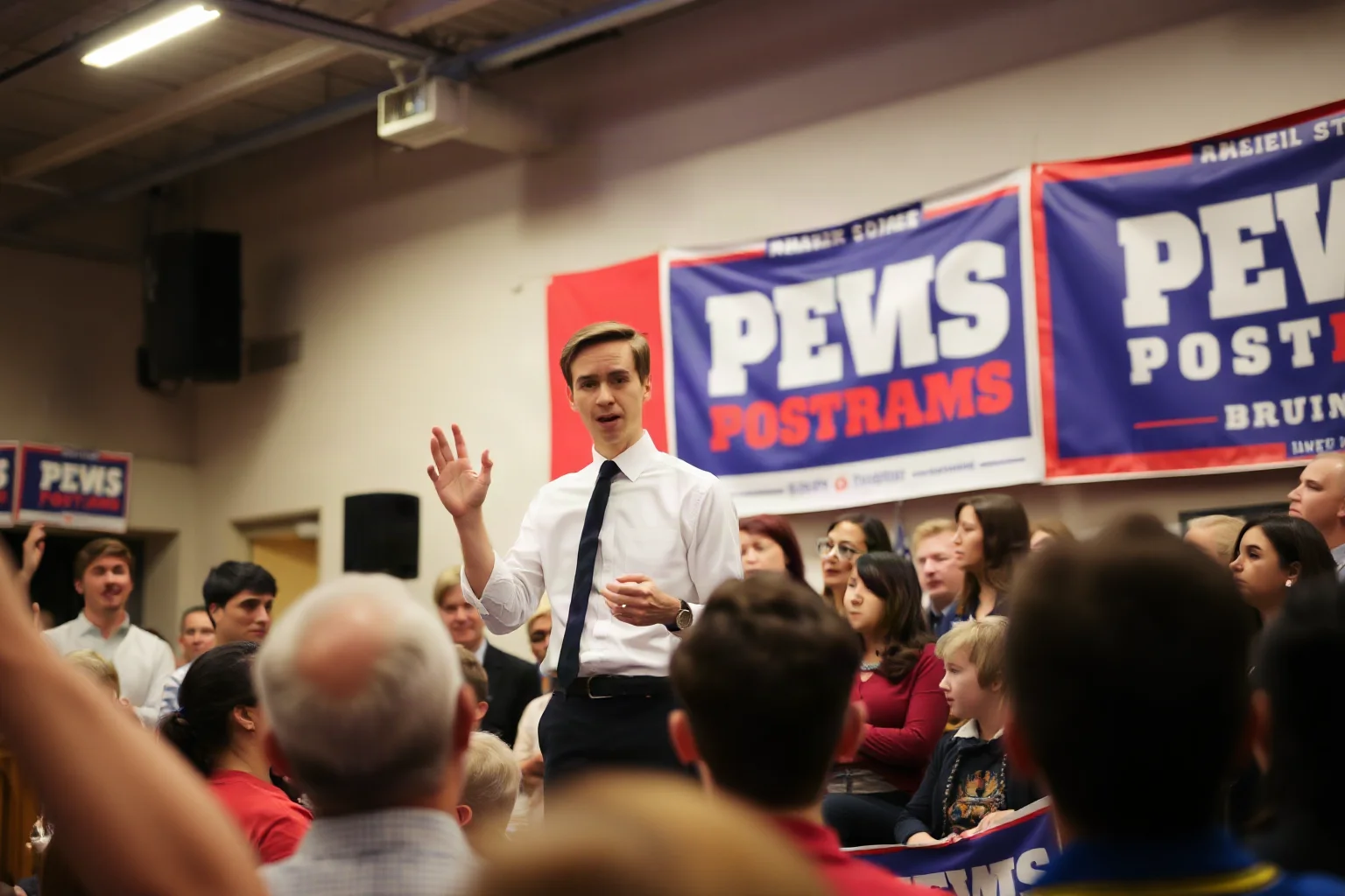 A young politician addressing an energetic crowd at an indoor campaign rally, banners in the background