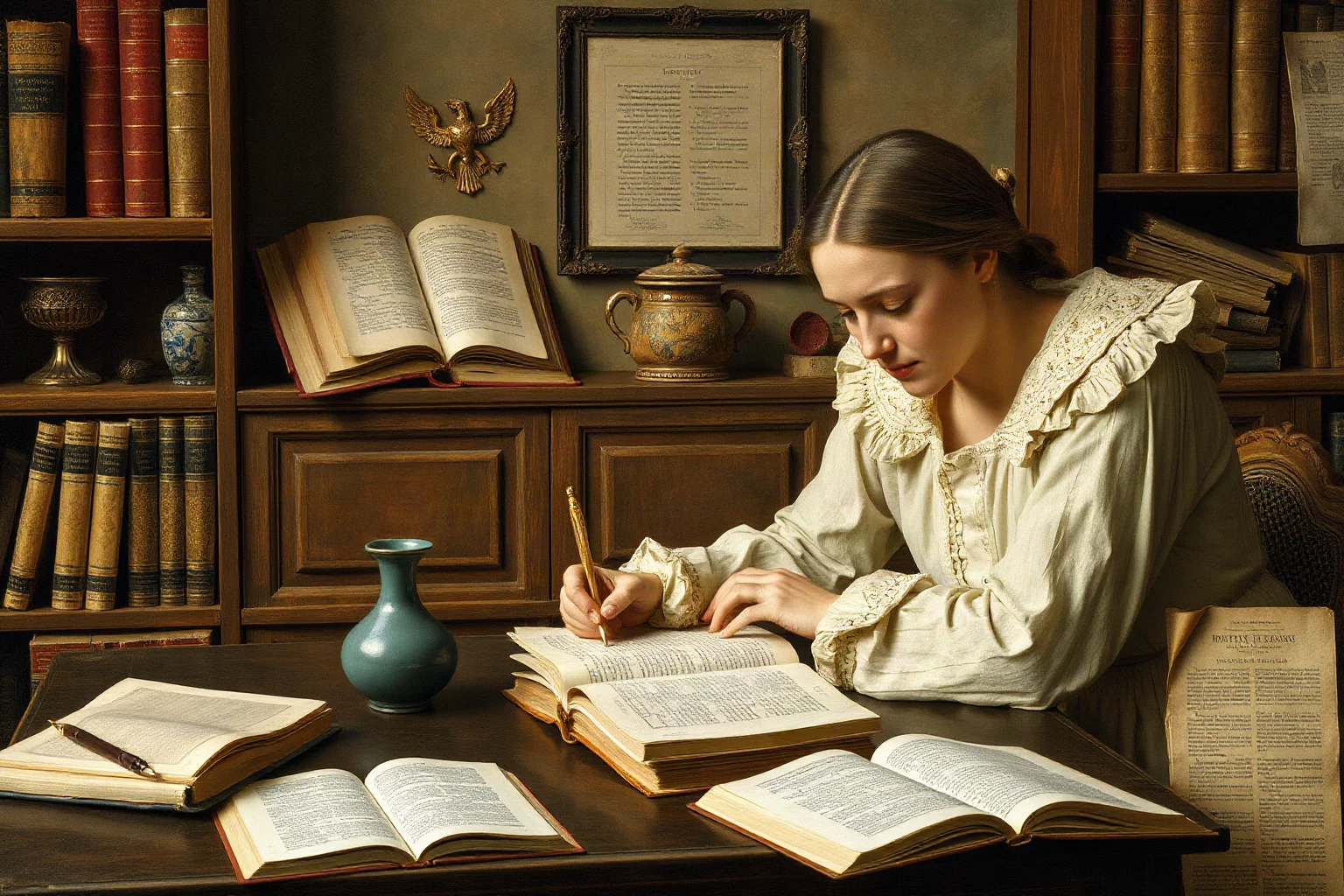 A young Renaissance humanist woman writing in Latin at a desk surrounded by classical texts and scholarly materials