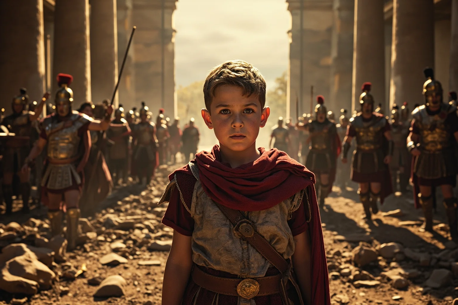 A young Roman boy in emperor's robes standing in a crumbling palace as Germanic soldiers enter, symbolizing the collapse of imperial authority