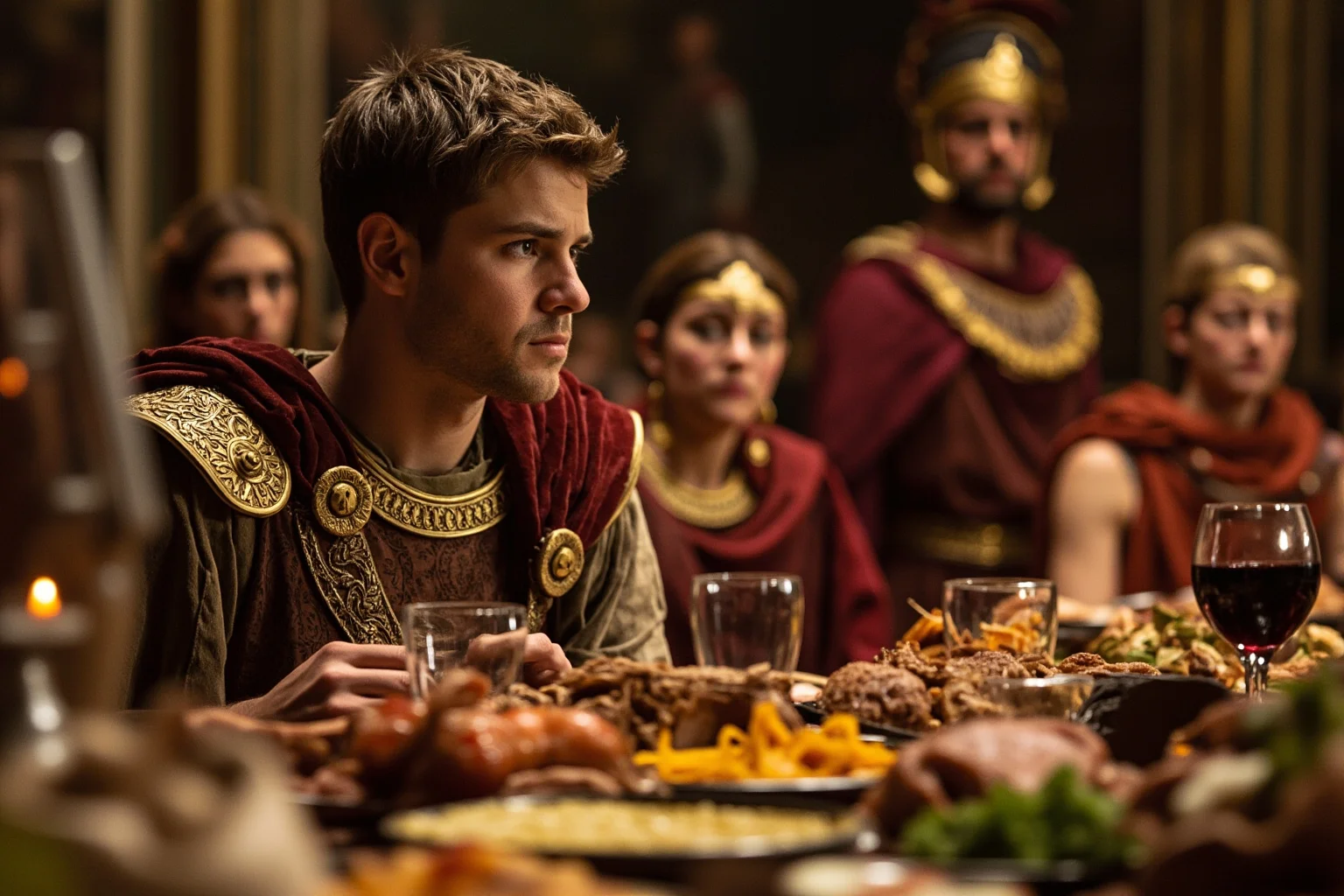 A young Roman emperor in elaborate imperial robes at a lavish banquet table filled with exotic foods