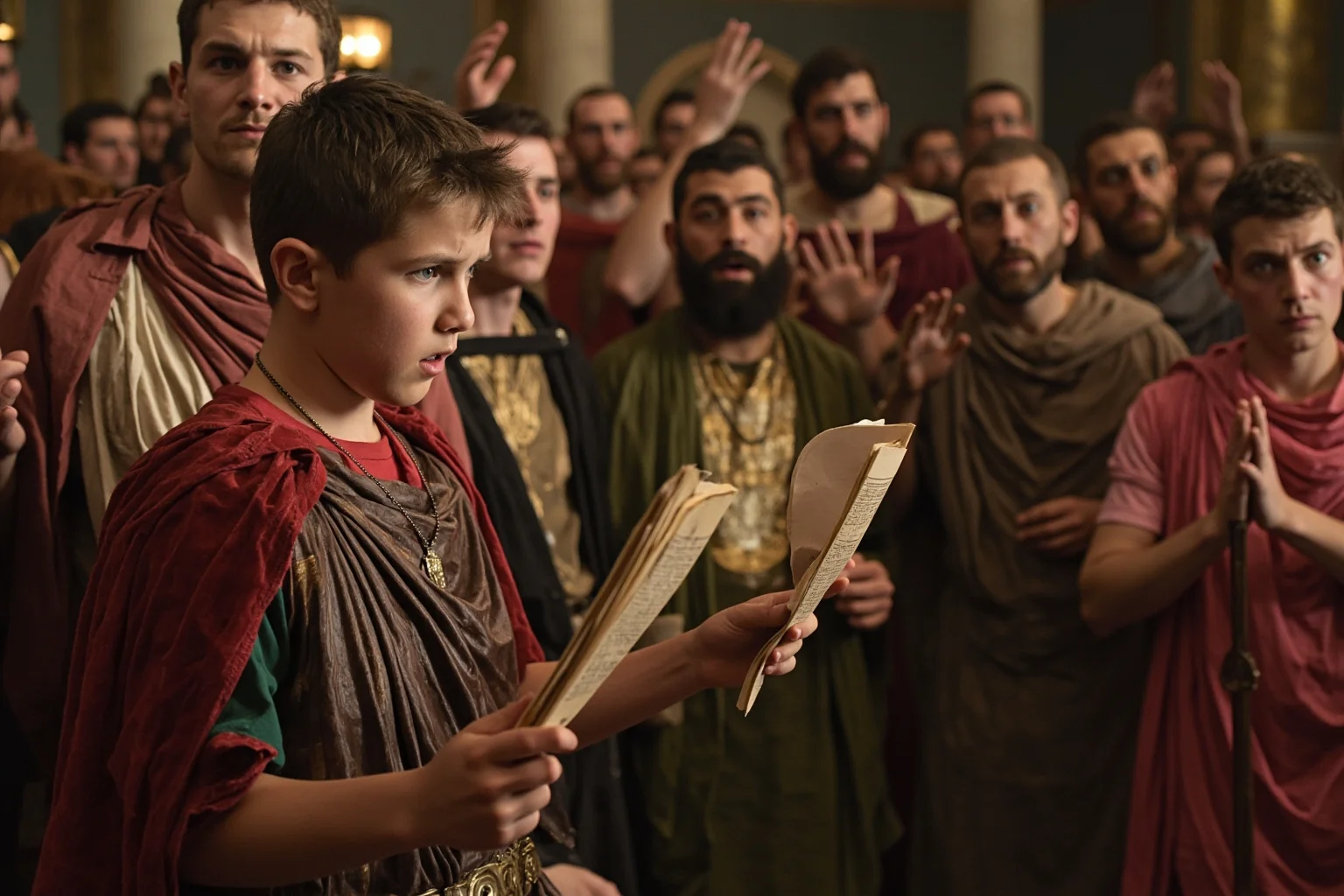 A young Roman emperor in formal dress making a controversial religious proclamation, with senators and priests reacting with alarm and disapproval