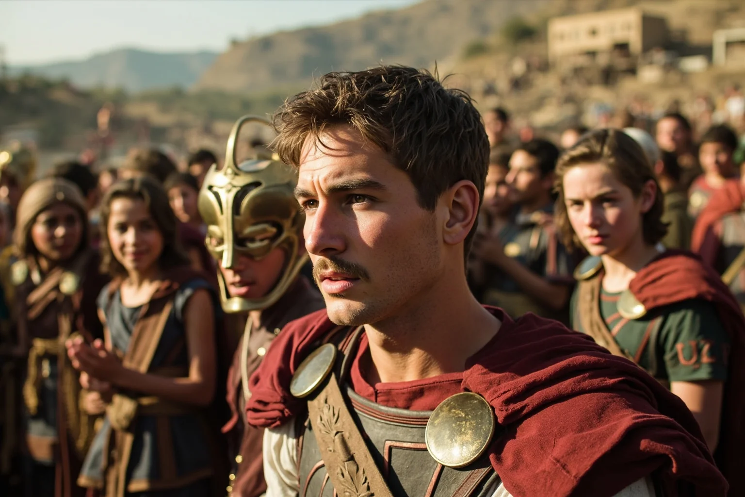 A young Roman emperor in formal dress presiding over relief efforts after a natural disaster, with grateful citizens and organized aid efforts visible