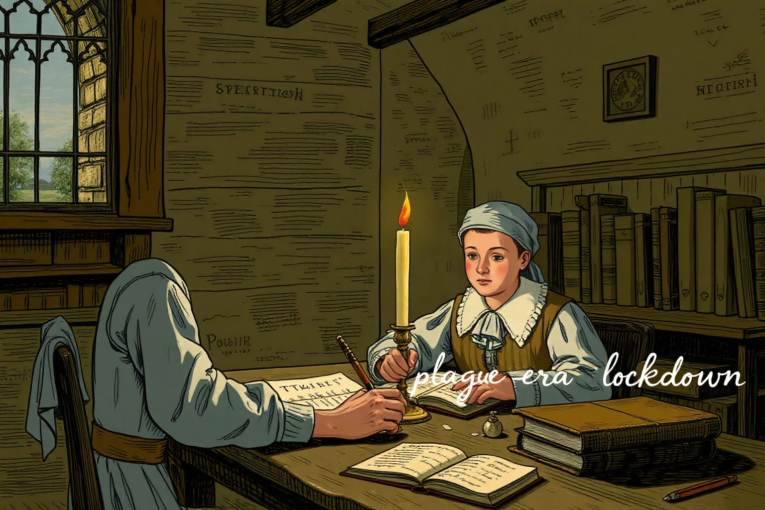 A young scholar writing by candlelight in a quiet countryside study during a plague-era lockdown, 17th-century England, illustration style