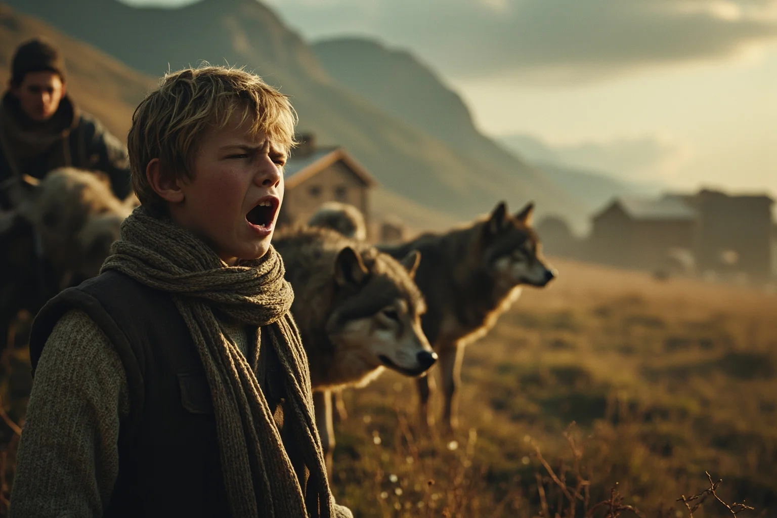 A young shepherd boy crying out in alarm while villagers ignore him, and a real wolf approaches his flock in the distance