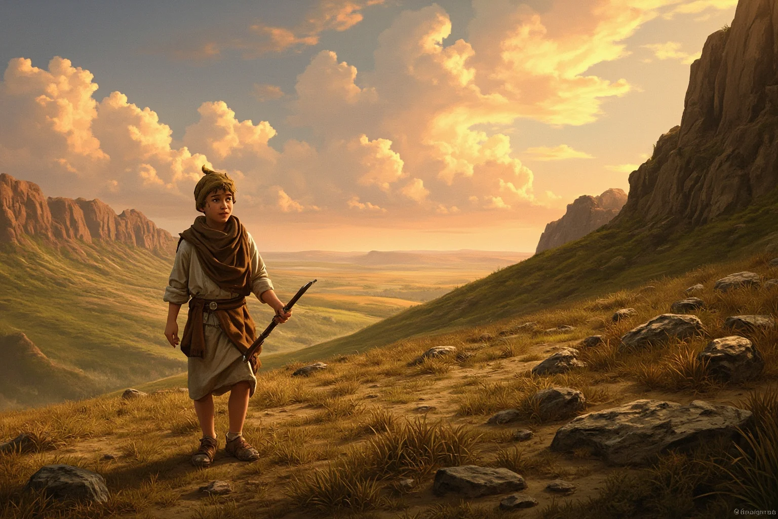 Great Leaders Who Rose From Obscurity 3 A young shepherd boy standing in a rocky pastoral field at dusk, ancient Near Eastern setting, illustration style
