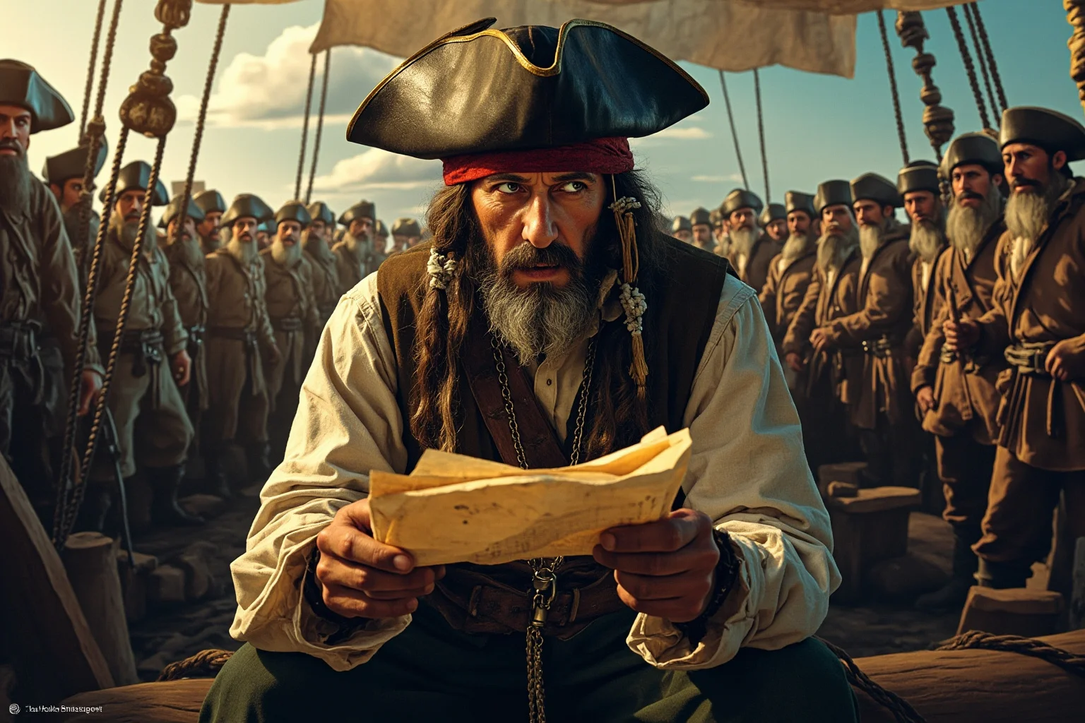 A young ship's carpenter turned pirate captain reading strict articles aloud to a rough crew, illustrative style
