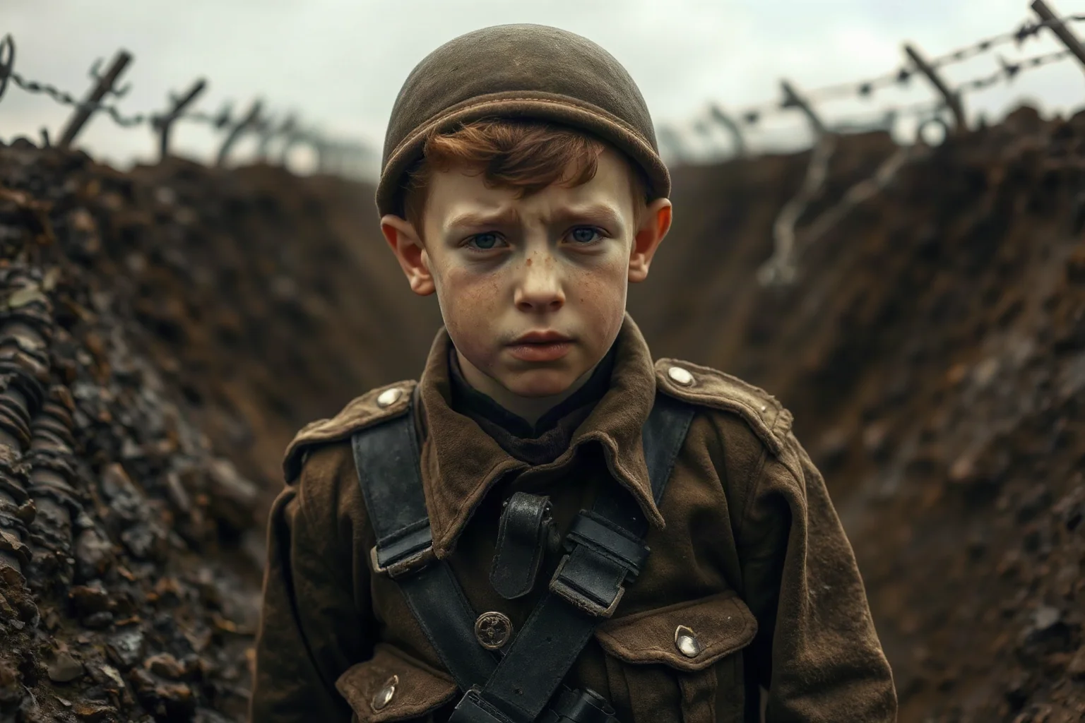 A young soldier in World War I trench gear, exhausted and shell-shocked, surrounded by muddy trenches and barbed wire under gray sky