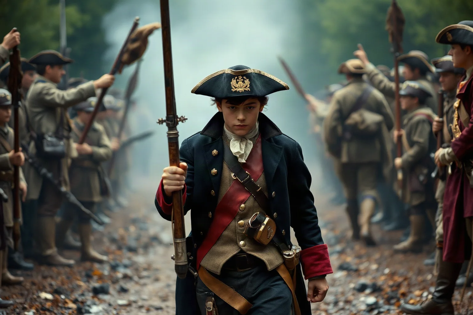A young spy in Revolutionary War uniform being led to execution, facing death with composure