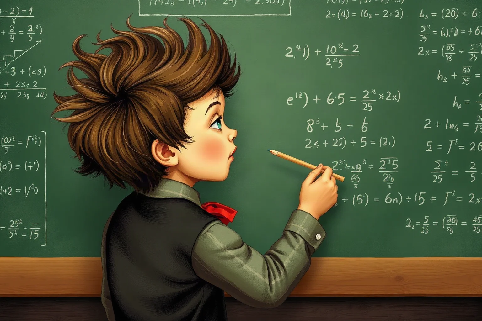A young student with wild hair scribbling equations on a chalkboard filled with mathematical formulas, vintage classroom illustration style
