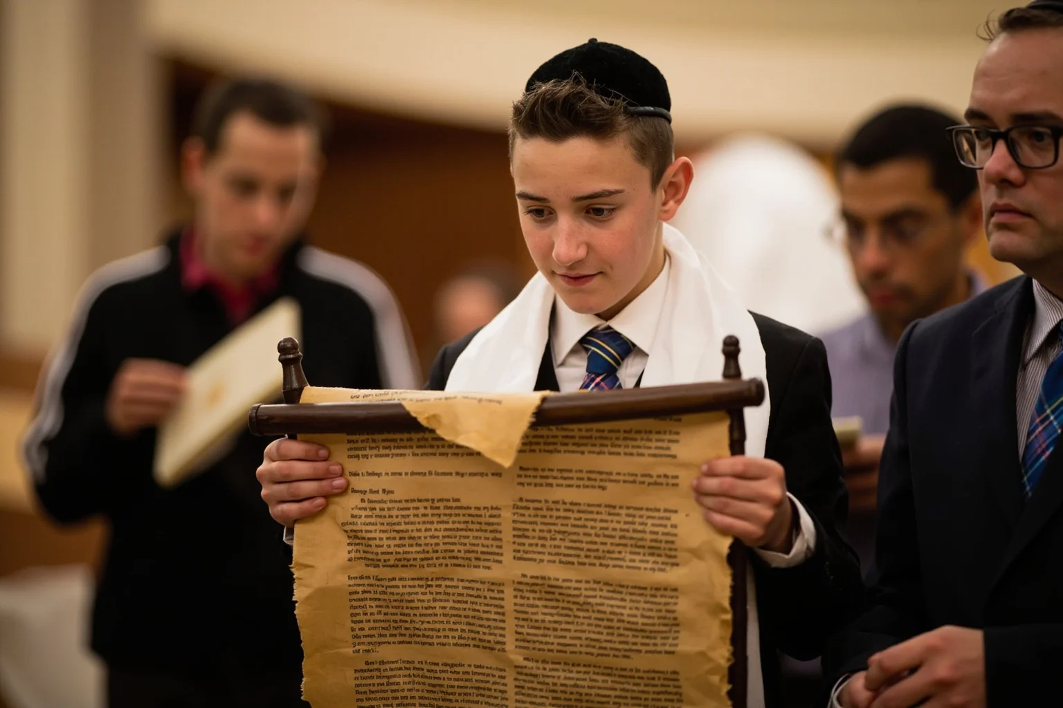 A young teen reading from a scroll at a synagogue during a coming-of-age ceremony