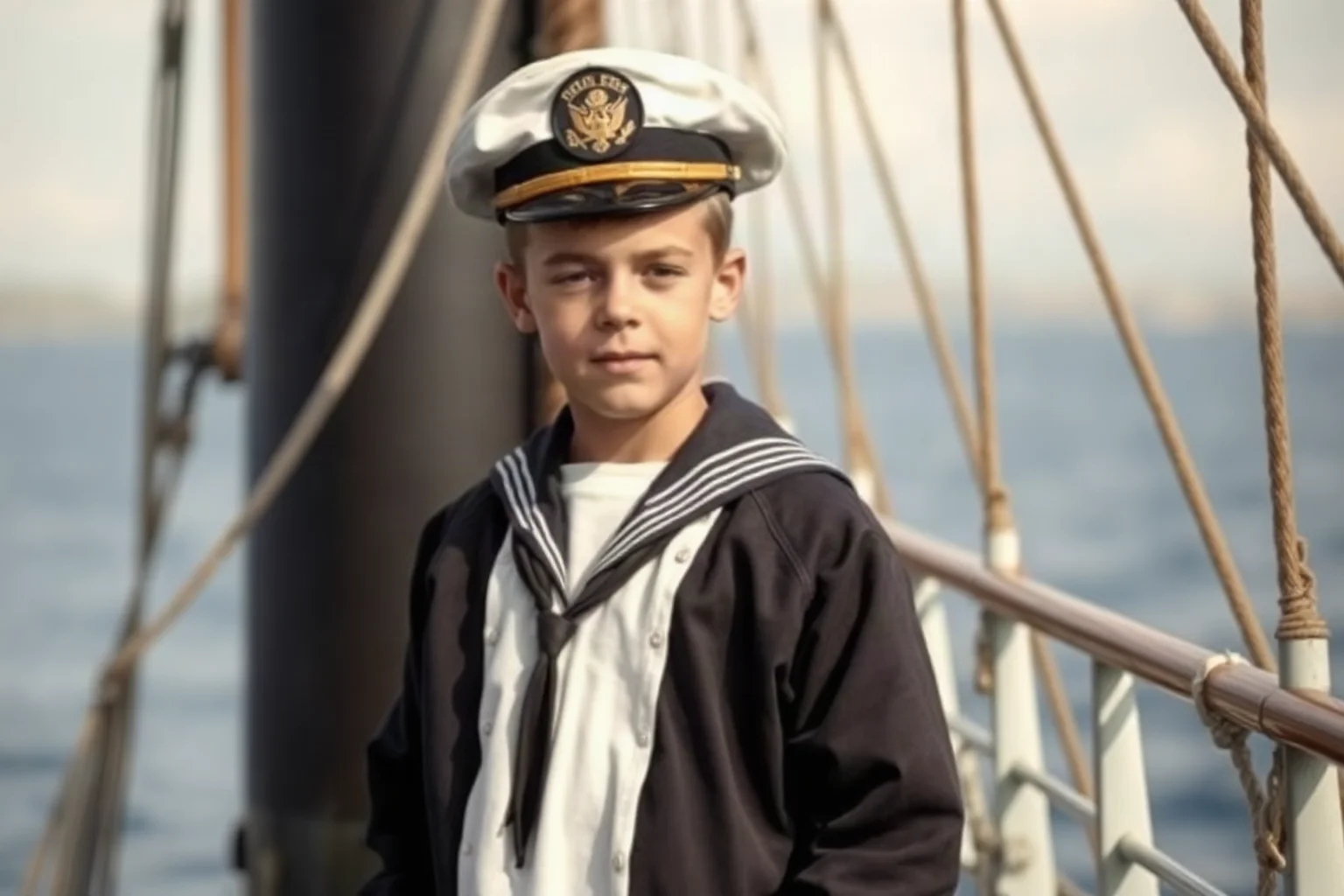 A young teenage sailor in an oversized 1940s naval uniform standing on a ship's deck