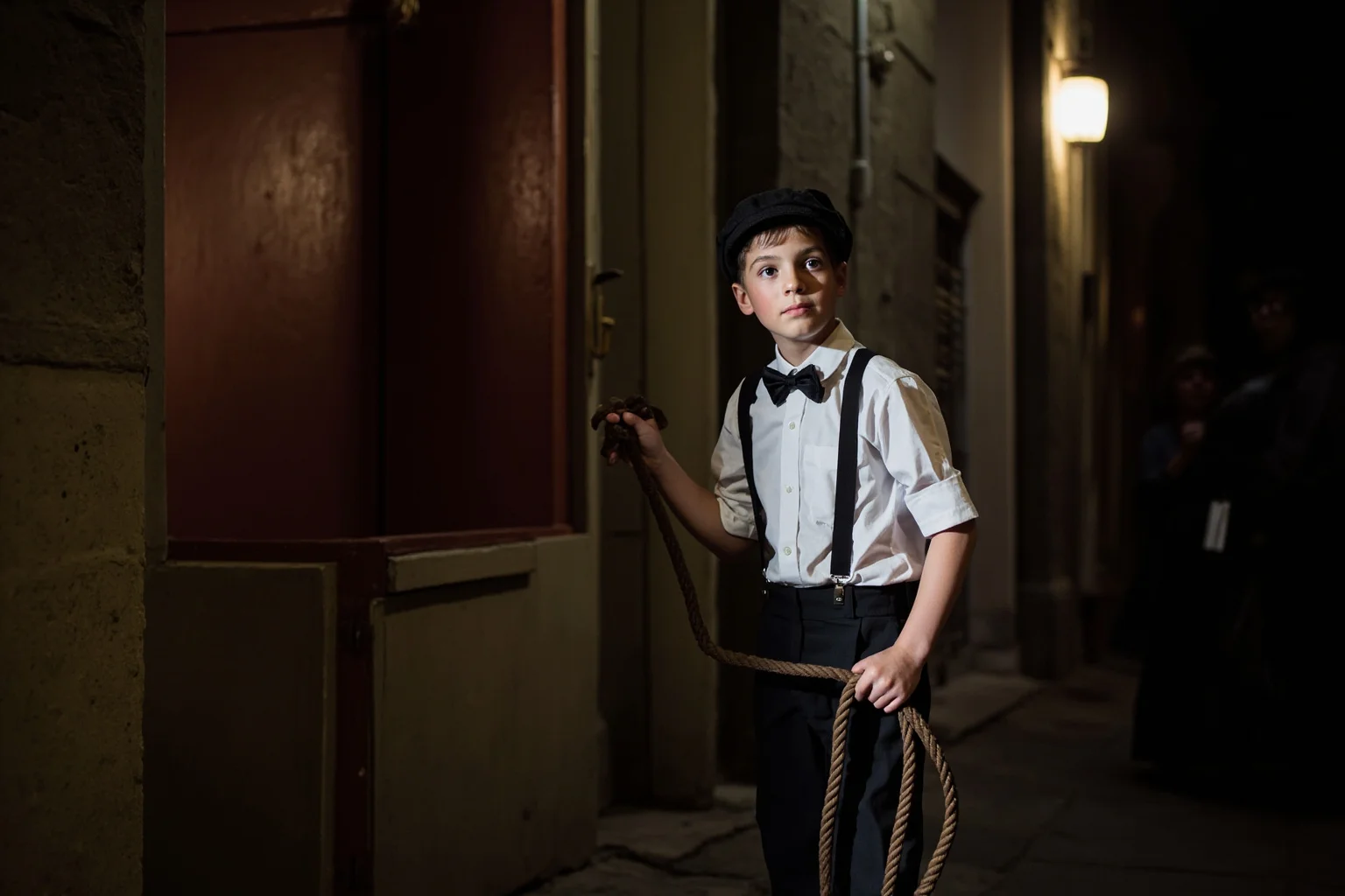 A young theater errand boy in suspenders holding a horse's reins outside a stage door at night