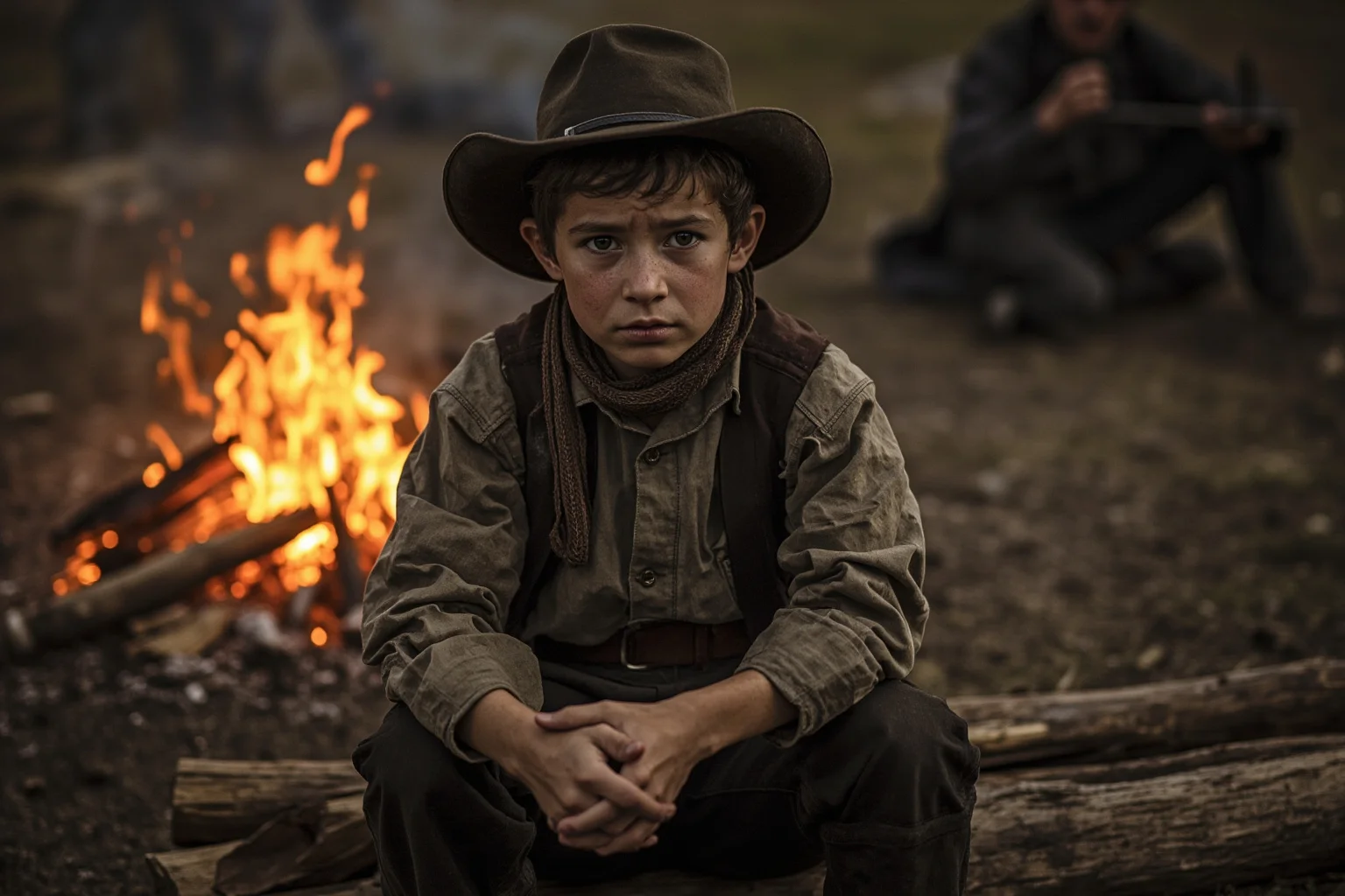 A young, tired-looking cowboy in worn clothing sitting by a campfire, illustrating the reality of low pay and hard labor
