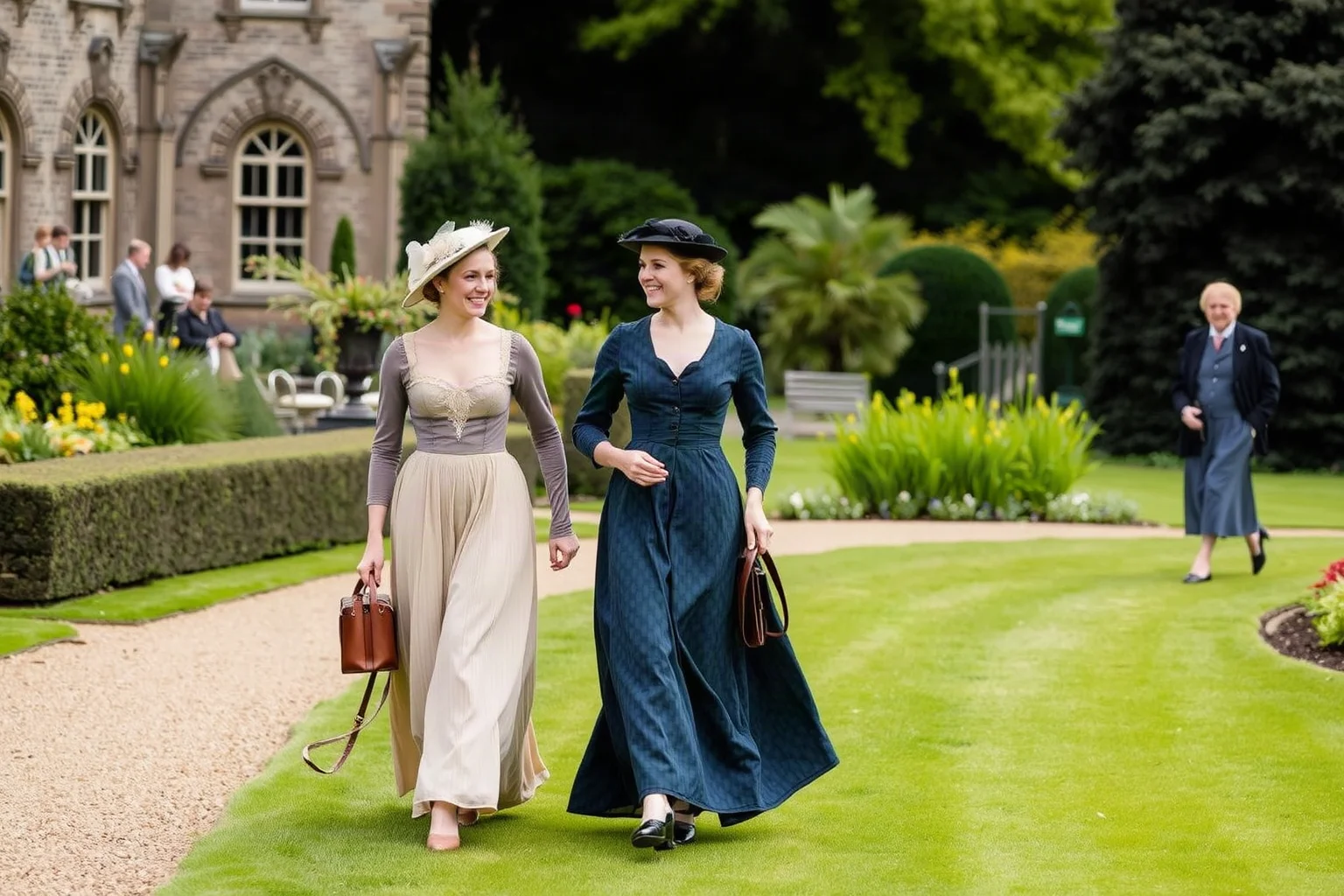 A young Victorian couple walking in a garden with an older chaperone trailing a few steps behind