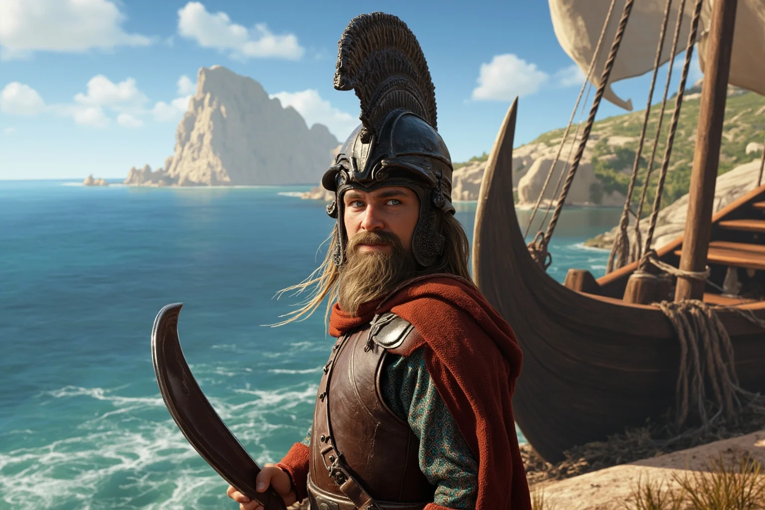 20 Greatest Vikings in History 9 A young Viking warrior with an ornate iron helmet standing near a longship on a Mediterranean-looking coastline, historical illustration style