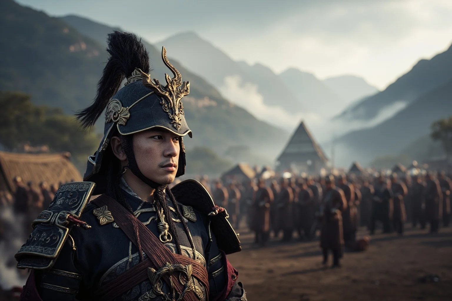 Myths That Defined Cultures: 20 Legends Born From True Events 14 A young warrior in ancient Chinese armor standing before a military camp near a mountain pass