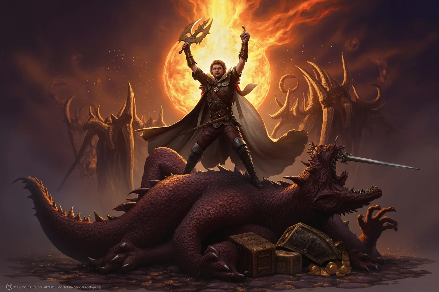 From Thor to Loki: 20 Gods, Goddesses, and Heroes of Norse Mythology 20 A young warrior in leather armor standing triumphantly over a slain dragon, treasure hoard glinting nearby, epic fantasy illustration