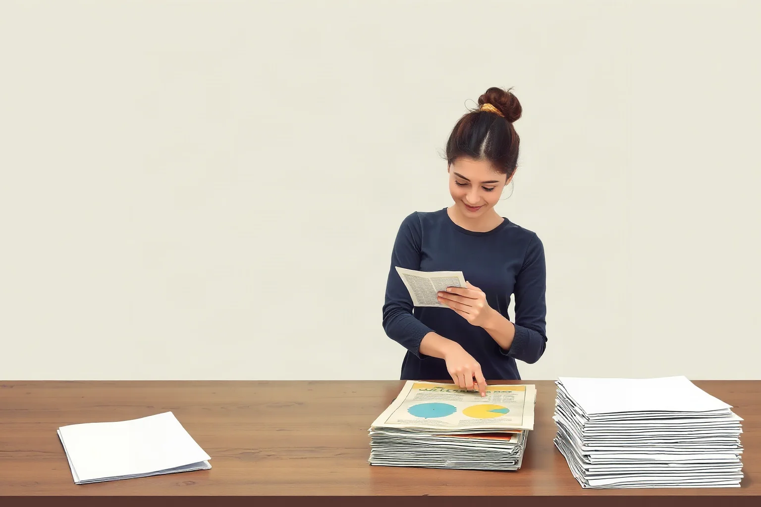 A young woman carefully folding printed paper leaflets on a table beside a stack of blank paper, illustration