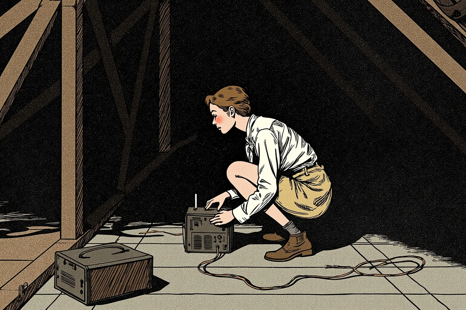 A young woman crouched over a hidden radio transmitter in a Paris attic, WWII era, illustrated style
