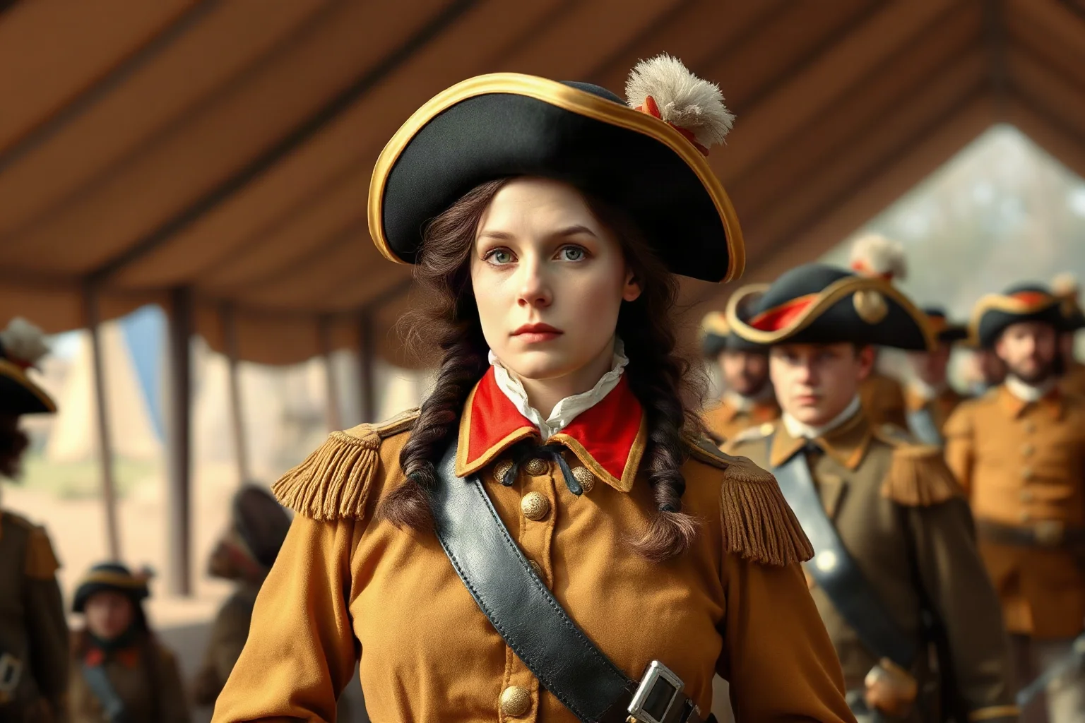 A young woman disguised in colonial-era soldier's uniform standing at attention in an 18th-century army camp, historical illustration
