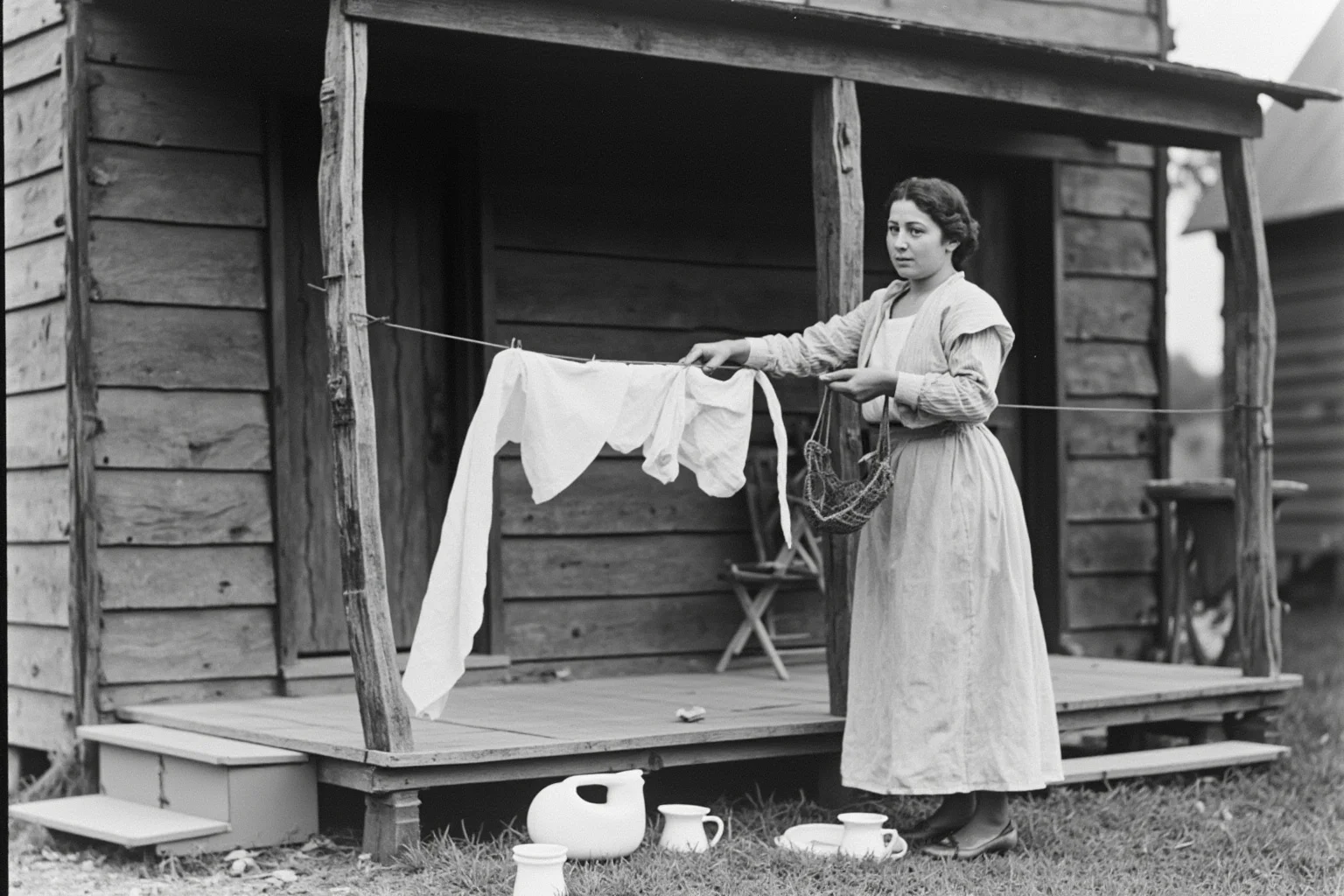 A young woman doing laundry by hand outside a modest wooden house in the early 1900s American South