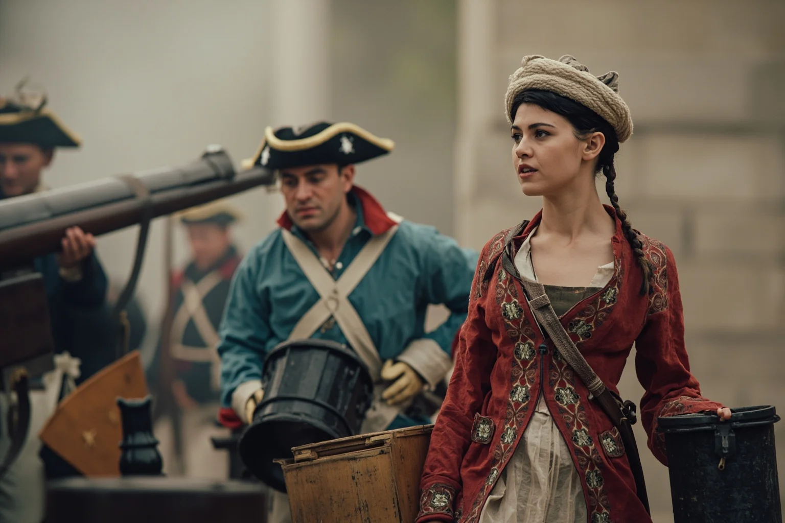 A young woman in 18th-century dress carrying water buckets near soldiers with muskets and cannons