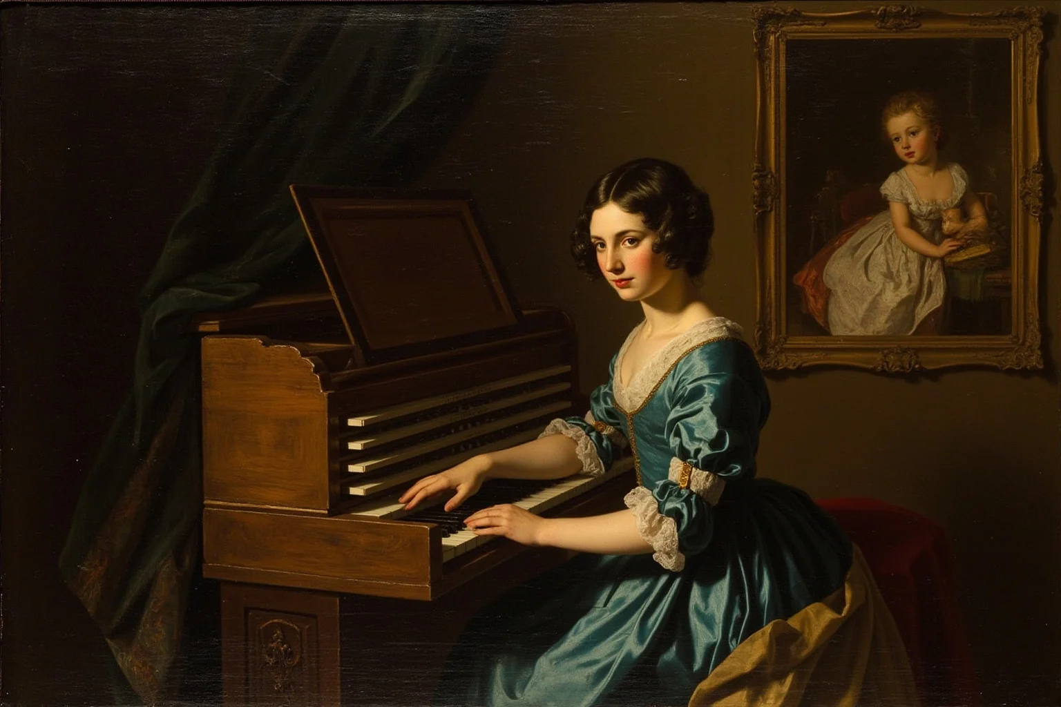 A young woman in 18th-century dress playing a harpsichord beside a portrait of a younger sibling