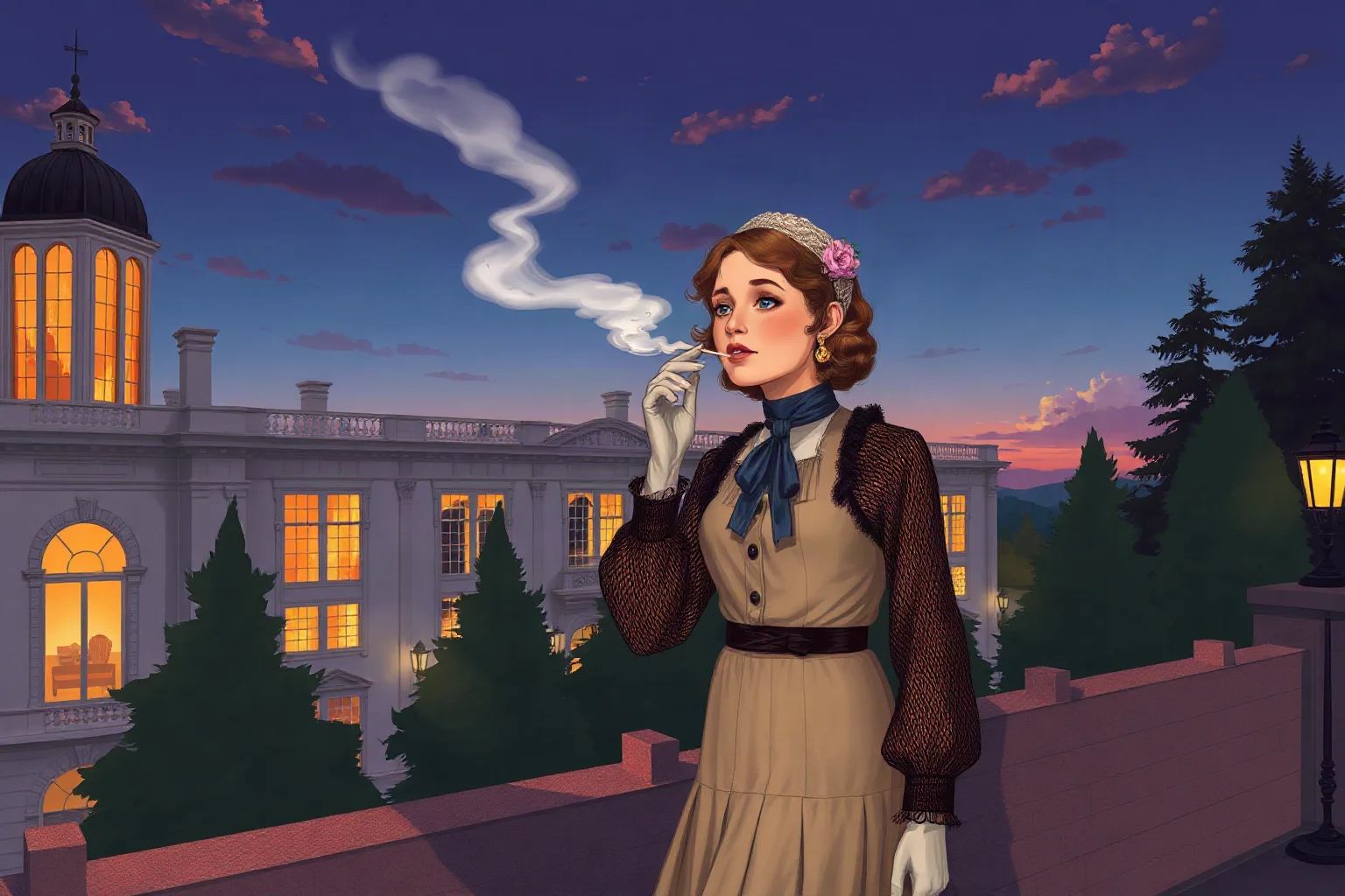 A young woman in 1900s fashion smoking on a rooftop overlooking a grand white mansion at dusk, illustrative style