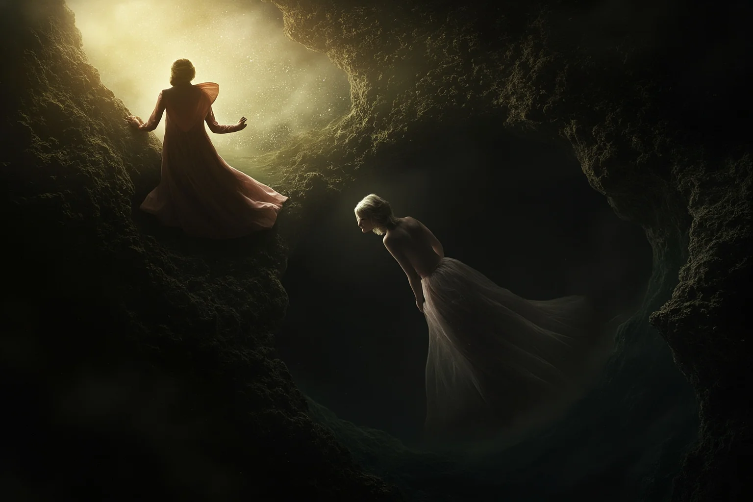 A young woman in a flowing dress descending into a dark underworld while her grieving mother reaches from the sunlit world above