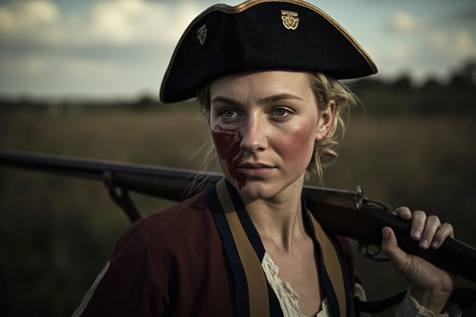 A young woman in Continental Army uniform (appearing masculine) wounded but continuing to fight