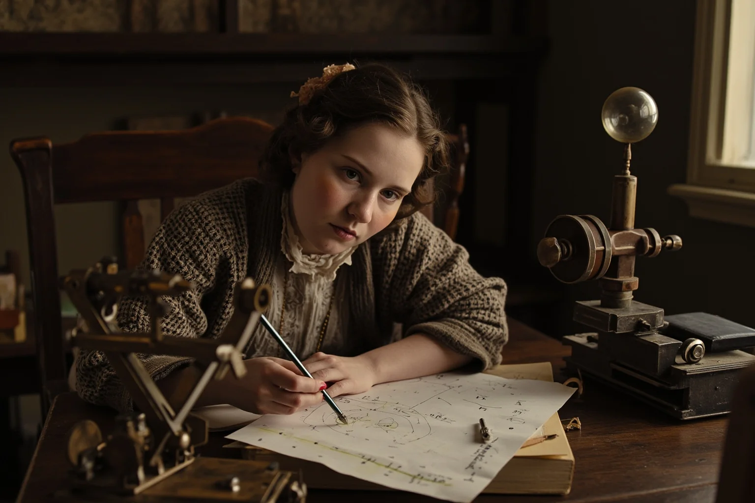 25 Greatest Historical Figures of the Victorian Era 8 A young woman mathematician working with analytical machines and mathematical notations at a desk in period clothing