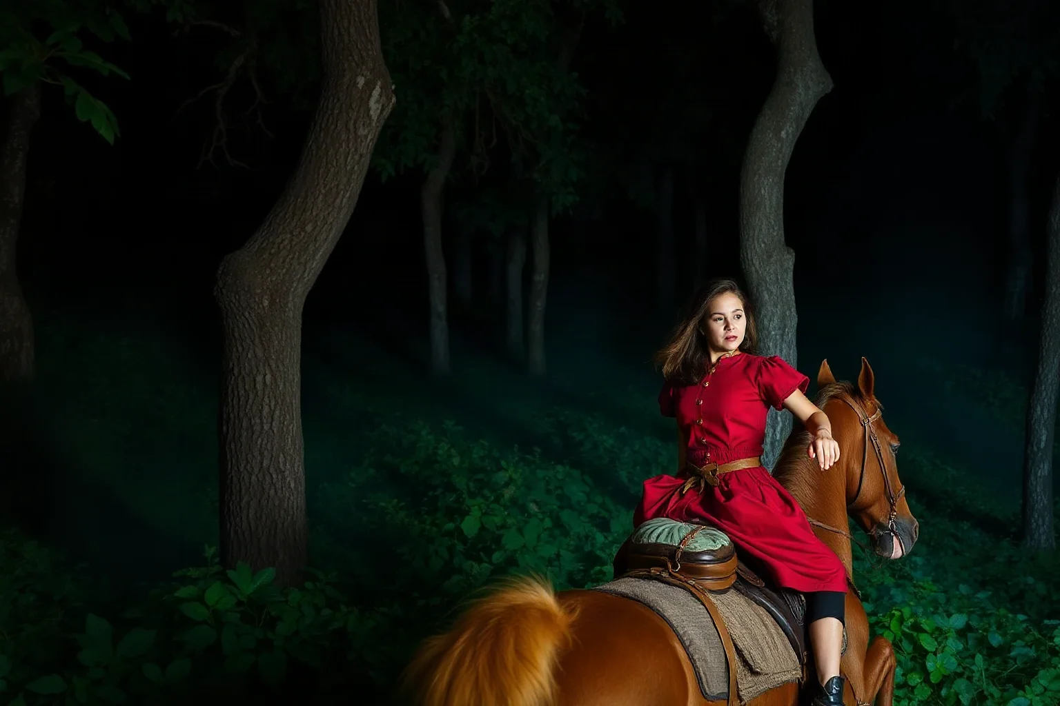 A young woman on horseback riding desperately through colonial forests at night to warn militia