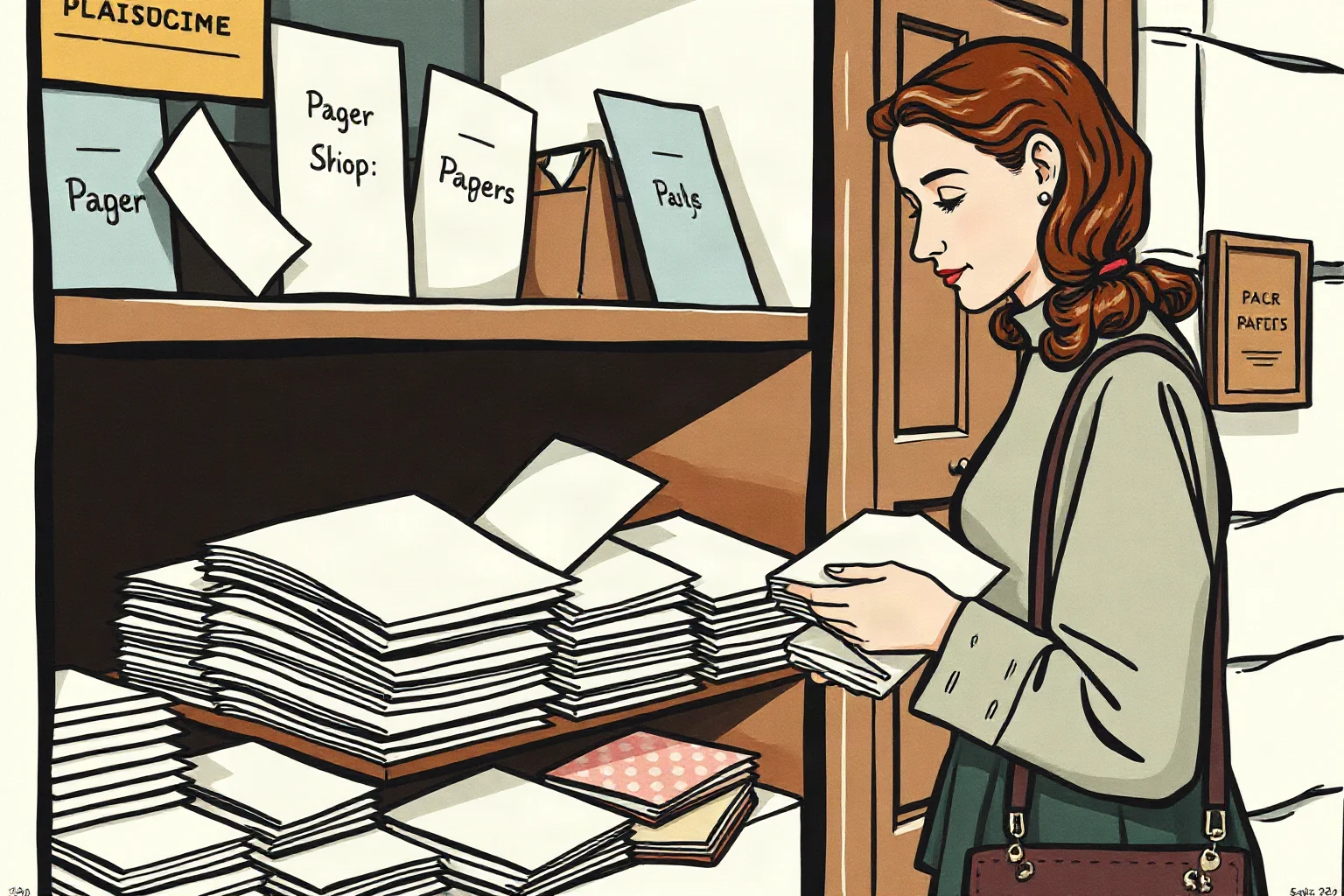 A young woman purchasing paper and envelopes from a small shop counter, 1940s European street, illustration