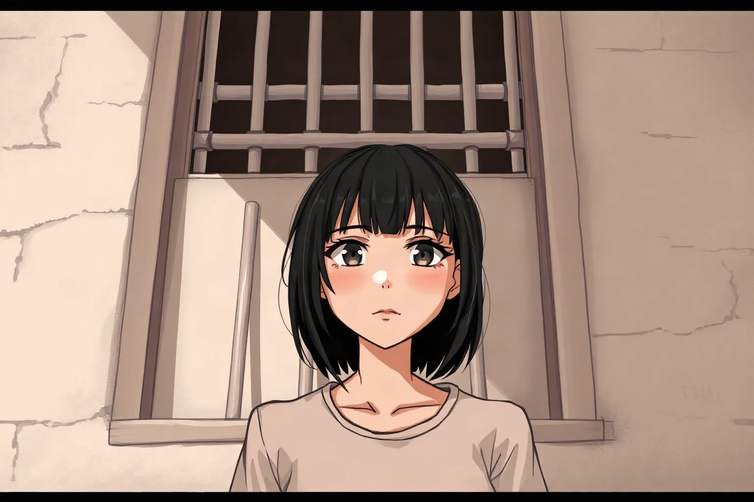 A young woman standing calmly and resolutely near a barred prison window, illustration, non-graphic