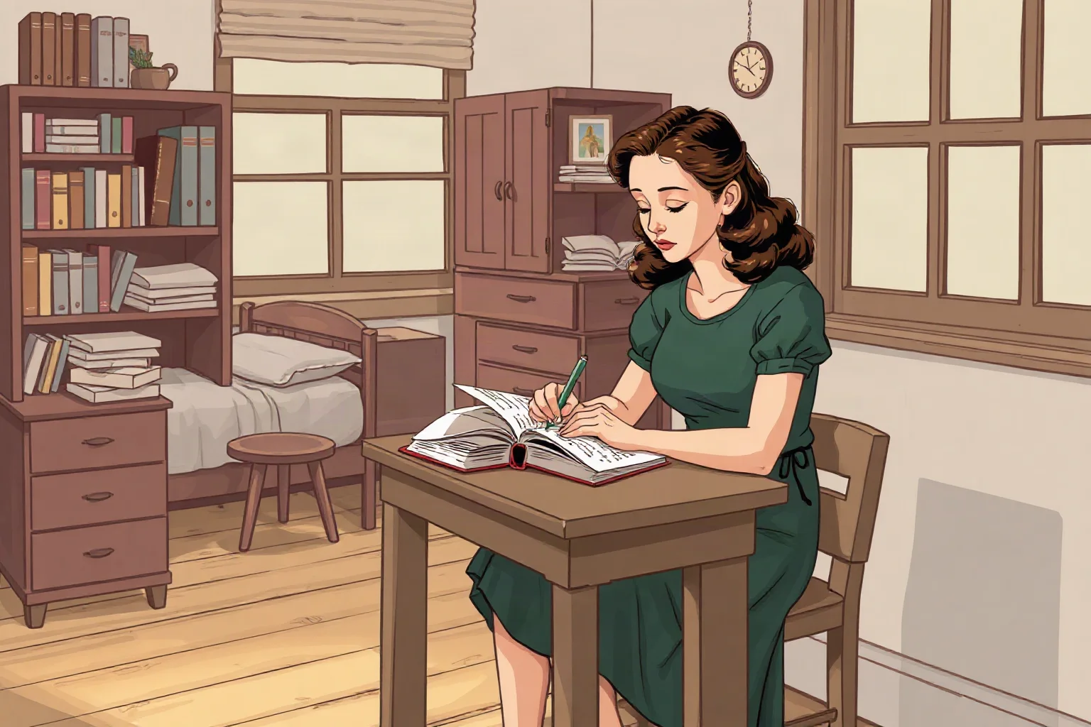 A young woman studying at a wooden desk with biology and philosophy textbooks in a 1940s university dorm room, illustration