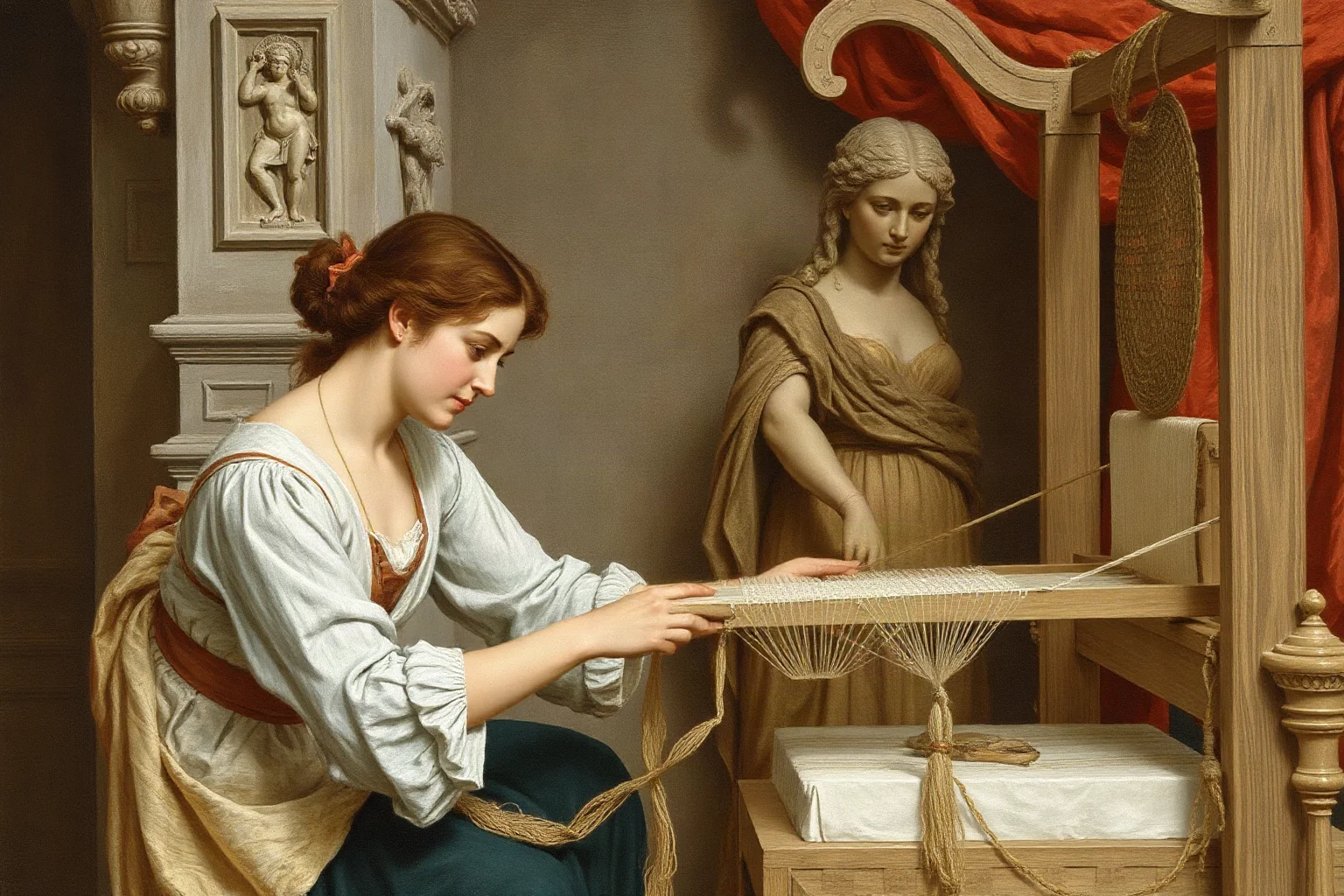 A young woman weaving an intricate tapestry at a loom beside a stern goddess, classical art style