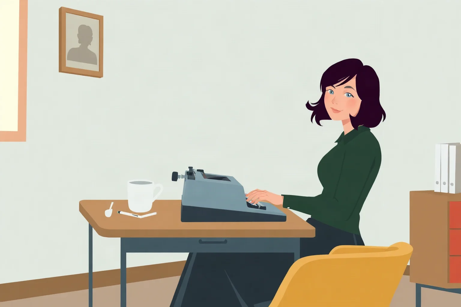 A young woman writer at a typewriter in a sparse 1960s room, illustrative style