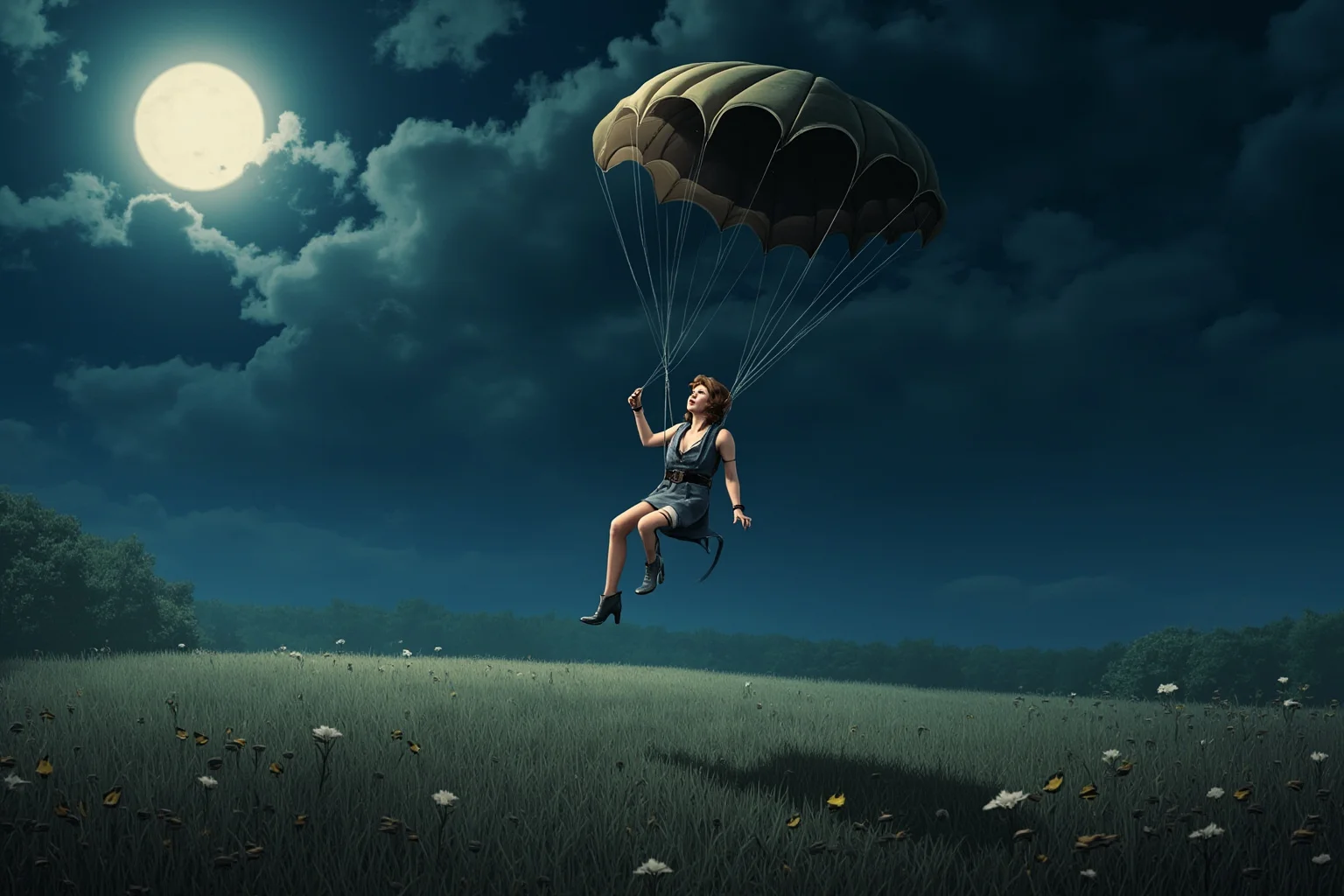 A young WWII-era woman parachutist landing in a moonlit French field, illustrated style