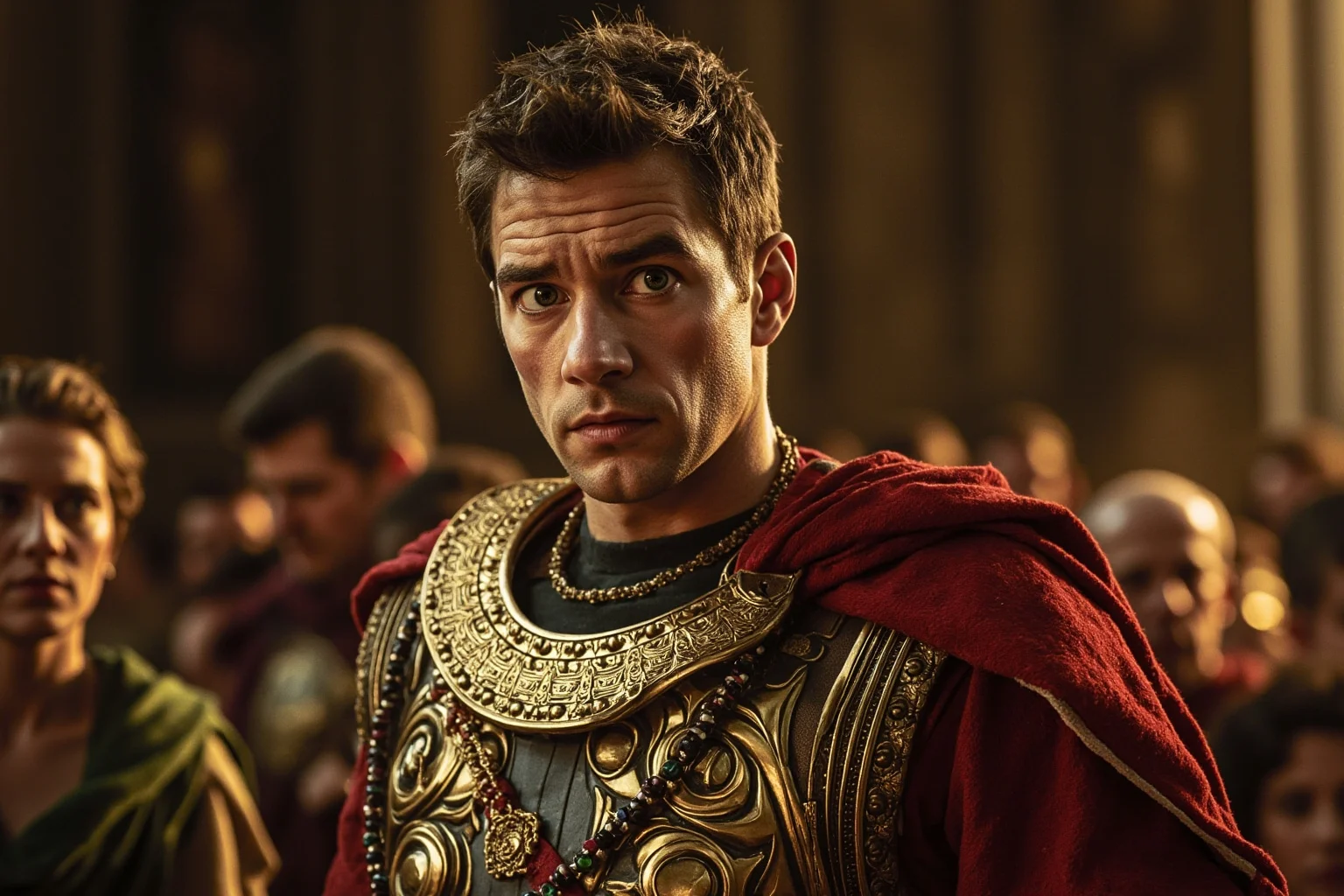 A younger Roman emperor in ornate military dress with an increasingly erratic expression, surrounded by luxury and excess with a destabilized court atmosphere